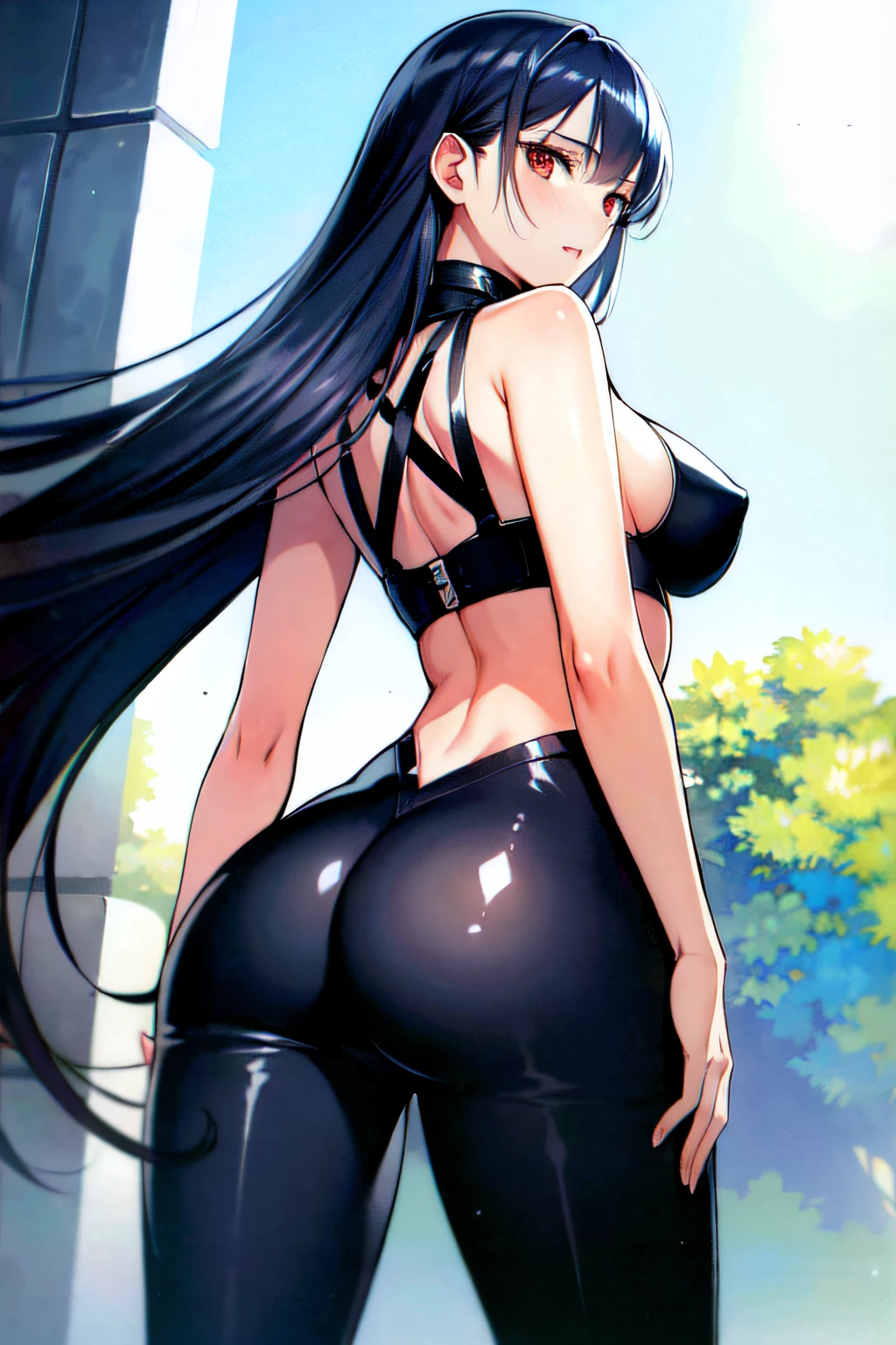 highres, (masterpiece:1.2), (best quality, highest quality), blue-dark-hair, 1 girl, solo, standing, long hair, red eyes, BTP, ass