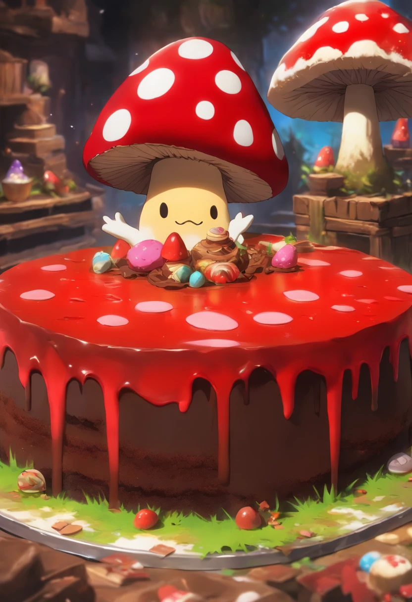 Chocolate cake on a bed, devant un mur en brique rouge, in a setting like Alice aaux wonderland with lots of giant mushroom, et un oeuf au milieu de la photo