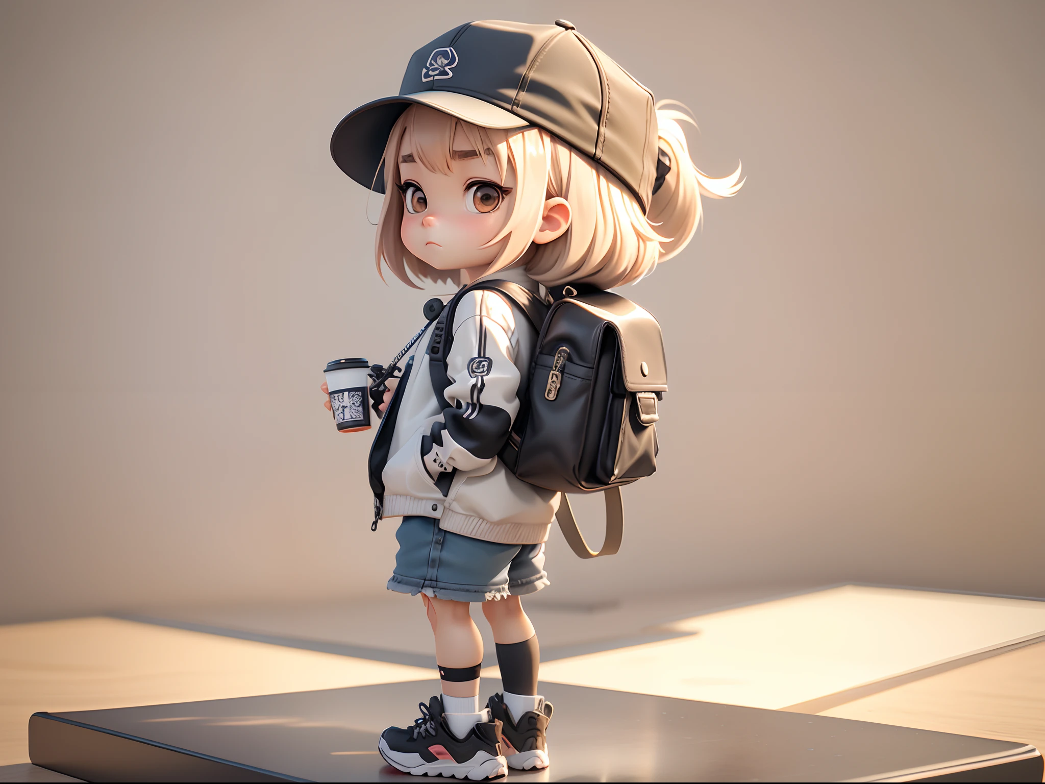 Realistic anime 3 D style, 。.。.。.3D，blindbox，（（Side of the miniature model），There was a little girl standing,） Grim expression，Light-colored hair，Cool clothes，backpacks, bucket-hat，Clean background。(full bodyesbian, including legs: 1.5)。