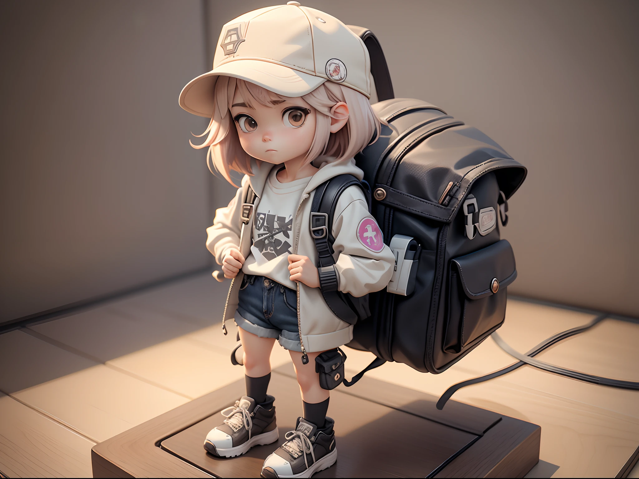 Realistic anime 3 D style, 。.。.。.3D,blindbox,((Side of the miniature model),There was a standing,) Grim expression,Light-colored hair,Cool clothes,backpacks, bucket-hat,Clean background。(full bodyesbian, including legs: 1.5)。