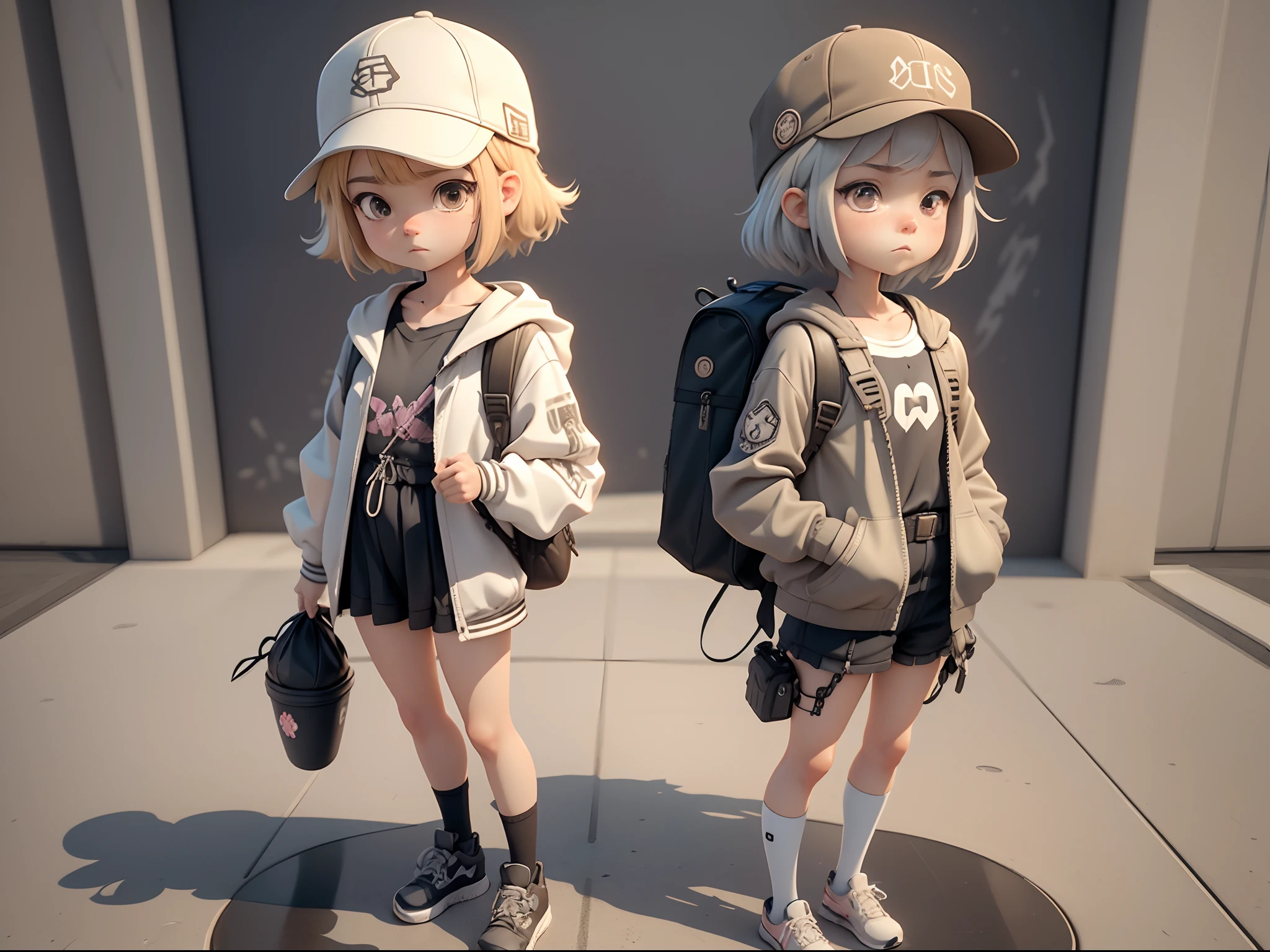Realistic anime 3 D style, 。.。.3D，blindbox，（（Side of the miniature model），There was a little girl standing,） Grim expression，Light-colored hair，Cool clothes，backpacks, bucket-hat，Clean background。(full bodyesbian, including legs: 1.5)。