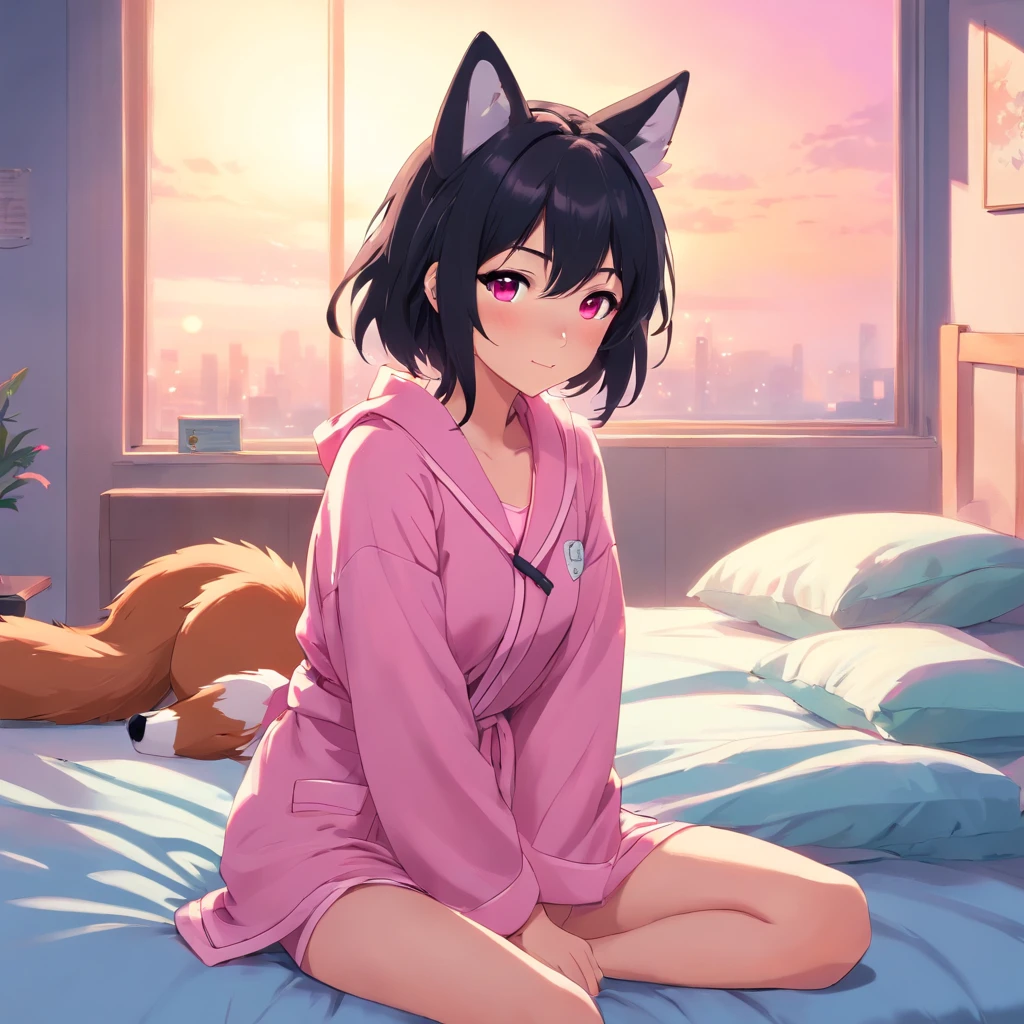Cute 25 year old woman, Japanese, black hair, (very messy hair:1.2), (cat furry:1.3),  fluffy fur, fluffy tail, freckles, thick eyebrows, long lashes, short, (flat chest:1.2), small waist, (wearing cute nightwear:1.2), big pretty eyes, very shocked expression, scared, in male bedroom, sitting on bed, bedhead, (masterpiece, high resolution, ultra realistic, beautiful lighting, 4K, 8k, highly detailed)