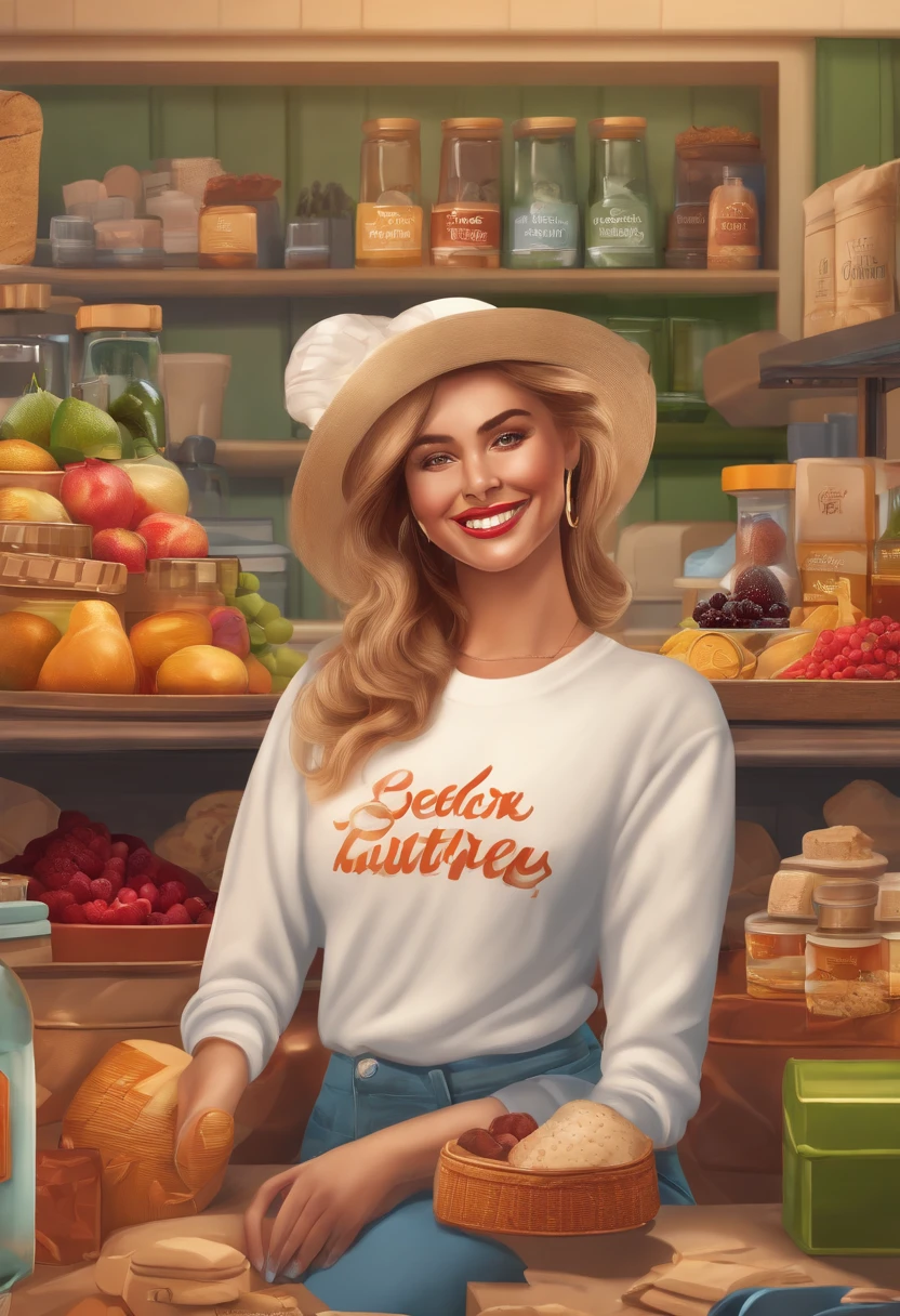 A detailed and stylistic rendering of a woman with a welcoming smile, wearing a "Peaky" t-shirt and surrounded by various products from your ecommerce platform, highlighting the range of items available and the welcoming atmosphere of your brand.