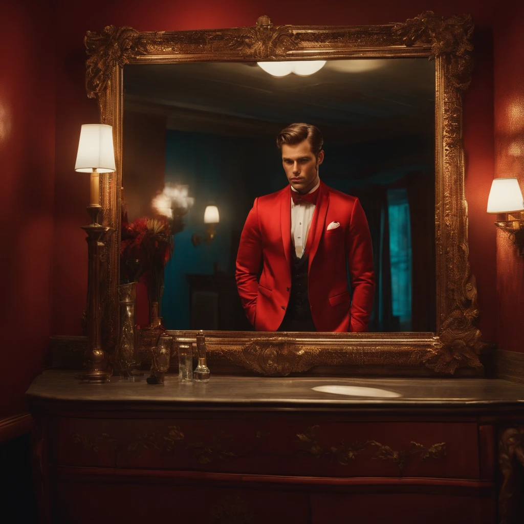create a realistic and humanized image of a well-dressed narcissistic man in front of the mirror looking disappointed and sad