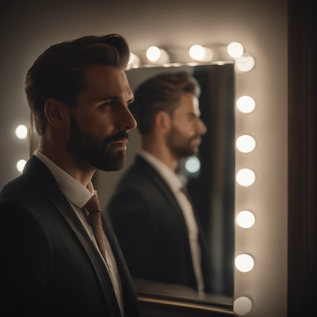 create a realistic and humanized image of a well-dressed narcissistic man in front of the mirror looking disappointed and sad