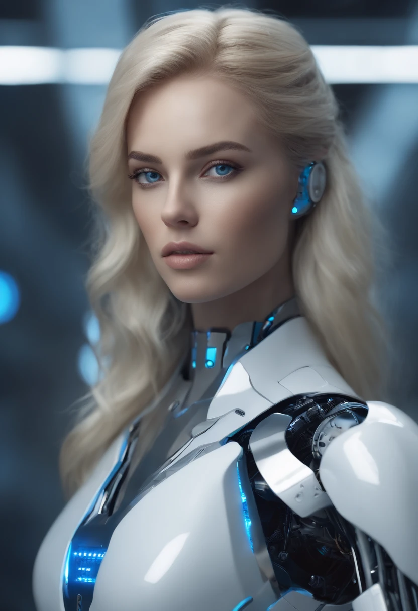 Blonde robot girl with blonde hair, corpo inteiro, Cores azul e branco, 4k