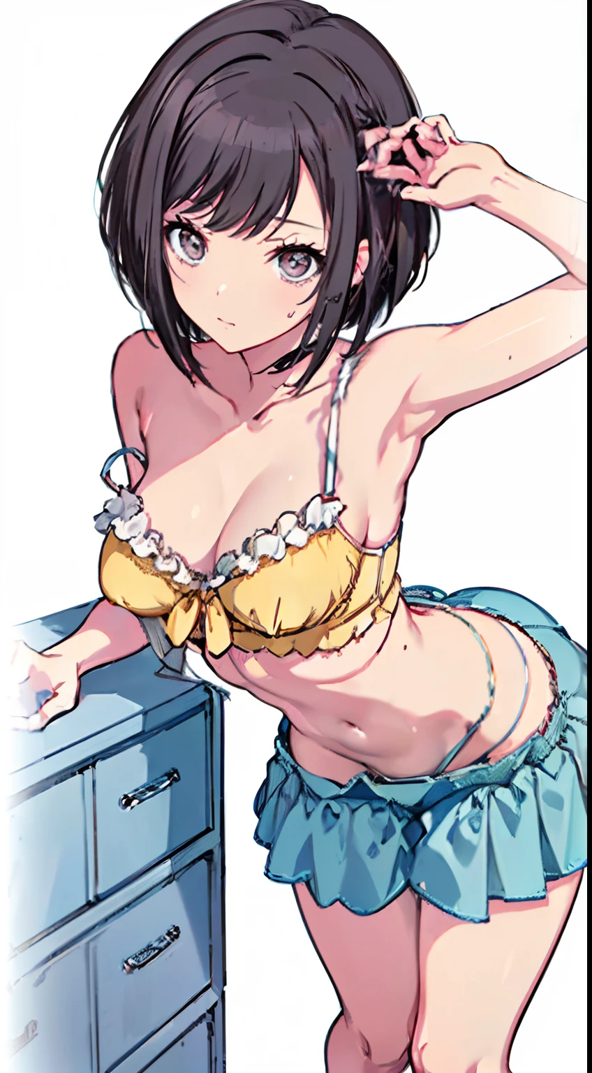 (Light blue camisole　Pull up the skirt to show light yellow panties　The bra is visible　Gravure Pose　Very detailed down to the smallest detail　clear outlines　Beautiful face　Beautiful skin)  thin-waist　A slender　ribbed　skinny limbs　teats　cleavage of the breast　Beautiful breasts　a short bob　Uterine mouth　Beautiful fingertips　Anime style