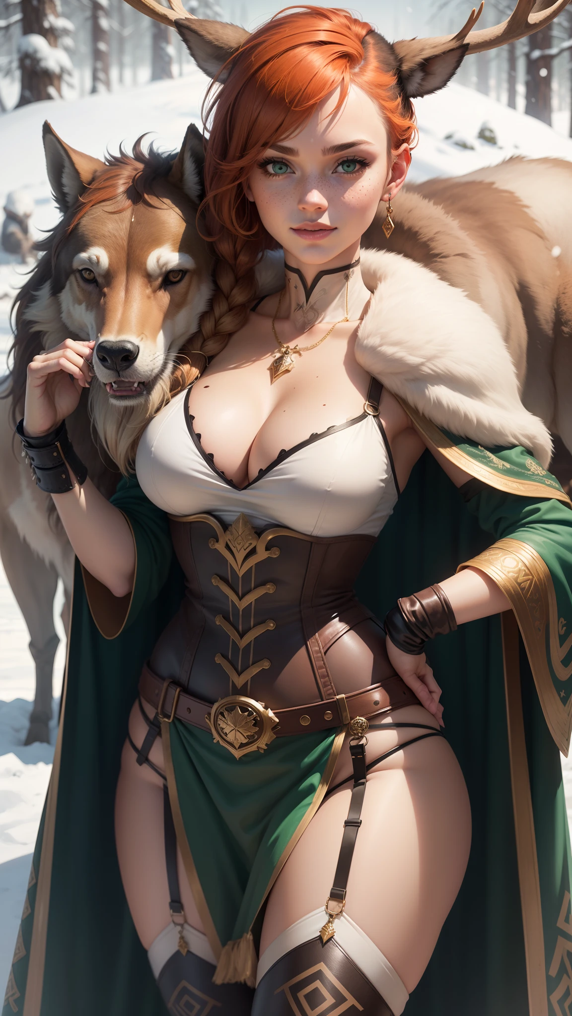 gwen tennyson,tracer,bulma,rebecca chambers,1girl,close up,face paint, valkyrie armor,gold neck jewelry,body tattoos,short hair,long dress,wolf fur, ceremonial cape,viking corset,tight skirt,snow forest,gold,amulets,norse piercings and tattoos,white norse top,nordic village,green eyes,orange hair,shy smile,freckles,redhead,beautiful girl,large breasts,thigh high boots,ultra detailed,realistic,fantasy art,standing next to a elk,garter belt,braided hair,