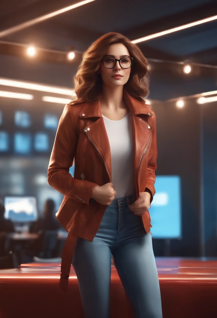 high quality, 8K Ultra HD, 3D effect, a cartoon-style digital illustration, soft cartoon tones, sunset, beautiful woman walking in the studio, lights, luminosity spreads far from the stage, beautiful face, beautiful eyes, white clouds scatter, in a TV studio on a stage, stylish TV studio, her hair sways gently in the breeze, medium hair, (full body), red leather jacket, brown hair, light blue jeans, wearing glasses, beautiful hair, brown hair, black eye, luminism, three-dimensional effect, enhanced beauty, Albert Anker, Kyoto Animation, Greg Rutkowski, Artgerm, WLOP, Alphonse Beeple, luminism, 3d rendering, octane rendering, isometric, fantastic color,