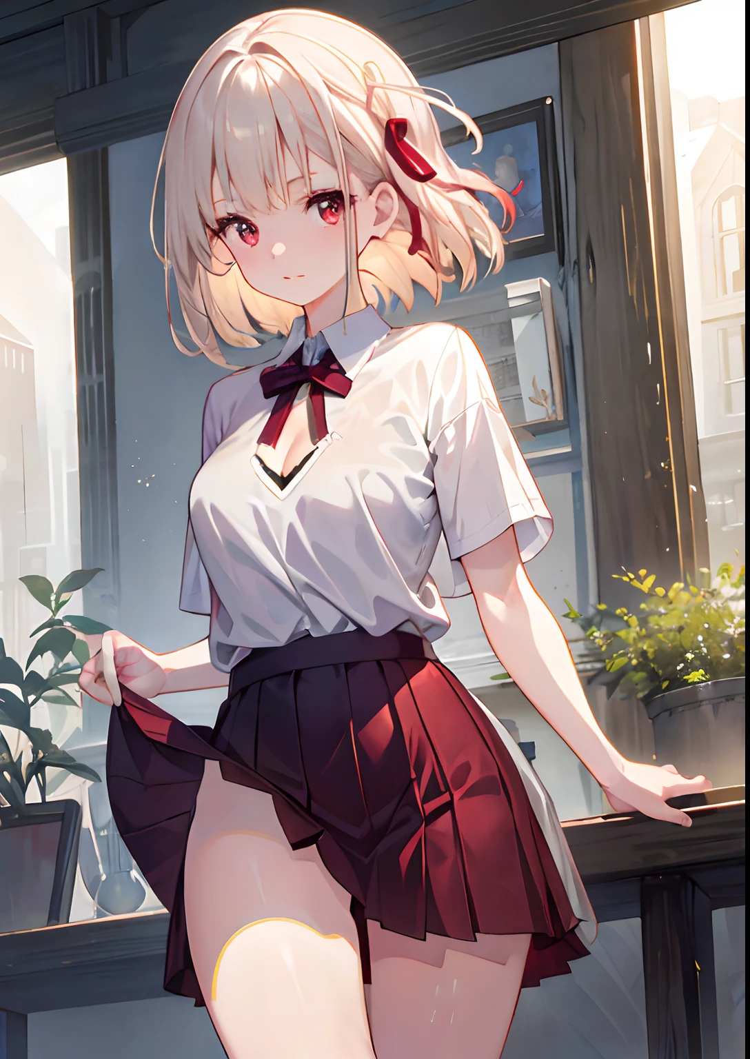 Photorealistic, Realistic, RAW Photo, Masterpiece, Top Quality, Hi-Res, Illustration, Symmetry, One Girl, Skirt Lift, (Bowed), (Naked Shirt: 1.5), (T-shirt: 1.5), (Cleavage: 1.5), Delicate and Cute, Perfect Face, Beautiful Detailed Eyes, Fair Skin, Real Human Skin, Pore, (Middle Chest: 1.5), Constricted Waist, (Thin legs)), Platinum Blonde,Medium Hair,Red Eyes