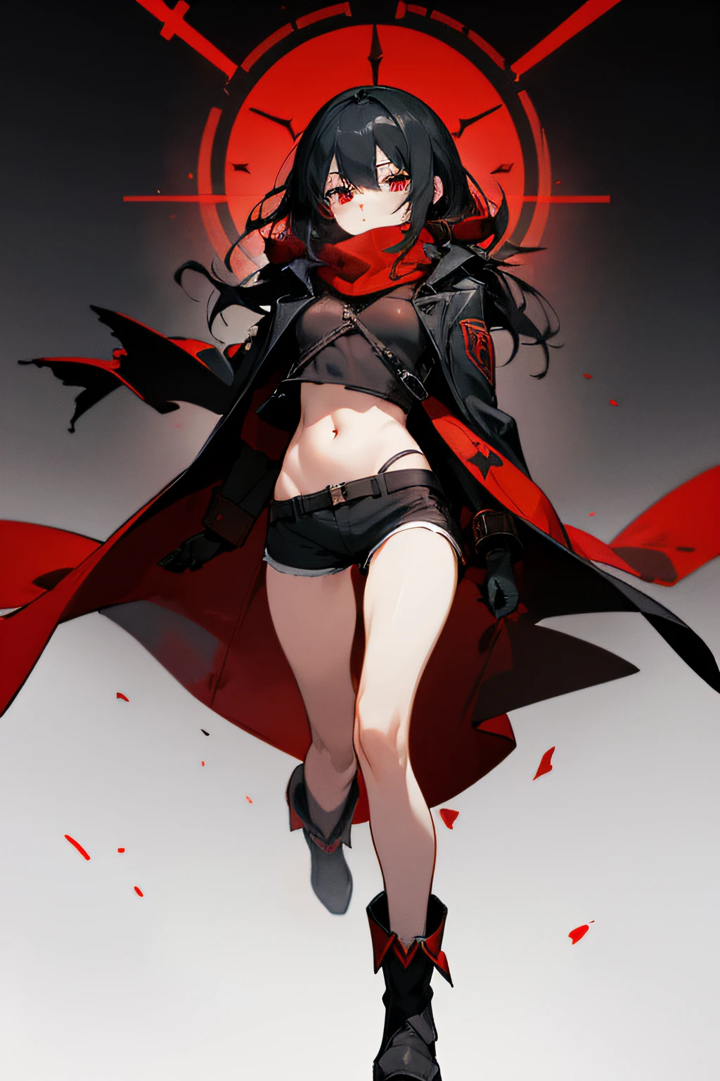 Black hair, Bright red eyes, black greatcoat, Red scarf, A coat with black engraved red runes, Empty eyes, boot,Ultra-short vest, Ultra shorts, bit girl, showing belly, 8K, Super detail,Obscene lines,NSFW,Bundled,Croak