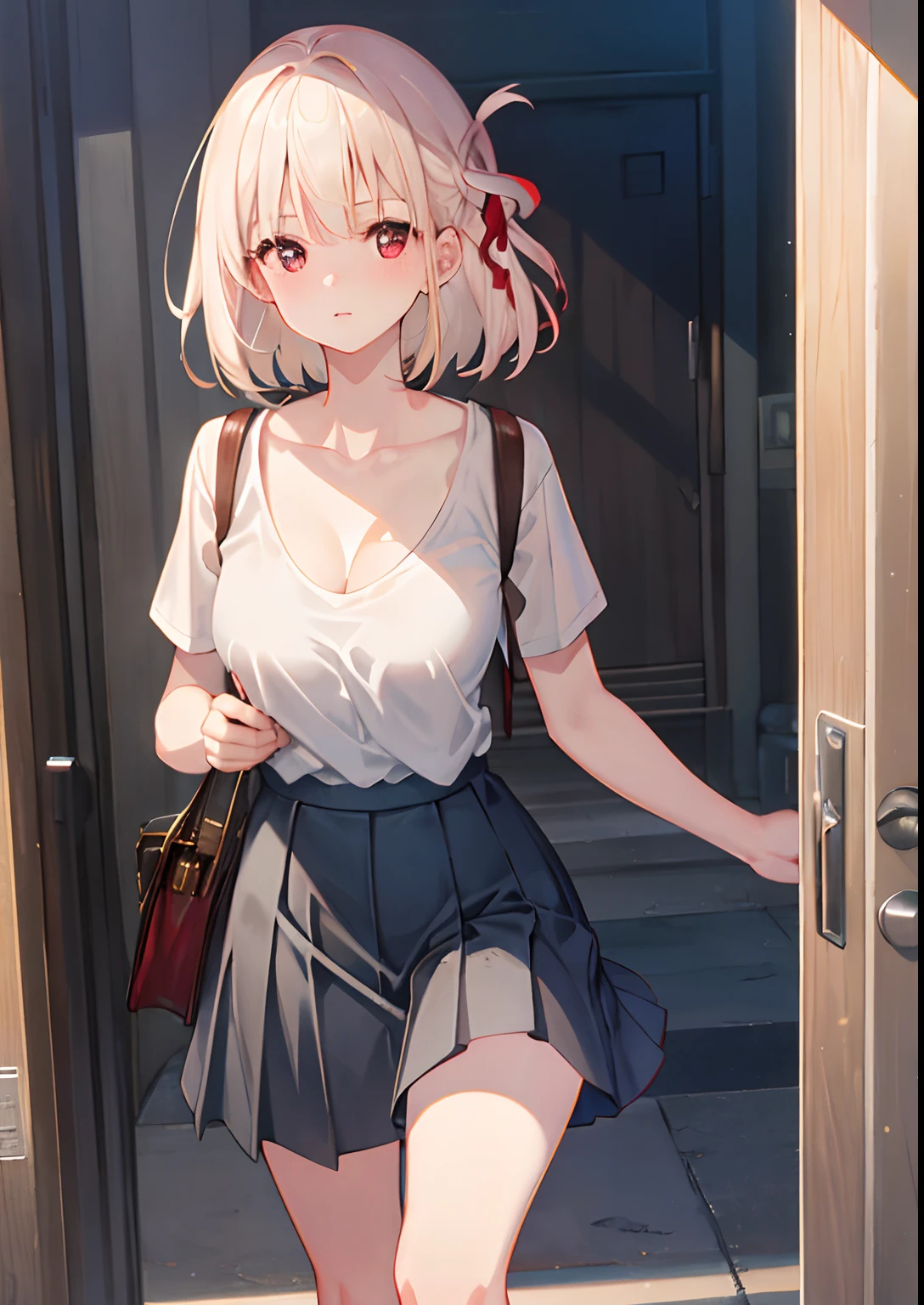 Photorealistic, Realistic, RAW Photo, Masterpiece, Top Quality, Hi-Res, Illustration, Symmetry, One Girl, Skirt Lift, (Bowed), (Naked Shirt: 1.5), (T-shirt: 1.5), (Cleavage: 1.5), Delicate and Cute, Perfect Face, Beautiful Detailed Eyes, Fair Skin, Real Human Skin, Pore, (Middle Chest: 1.5), Constricted Waist, (Thin legs)), Platinum Blonde,Medium Hair,Red Eyes