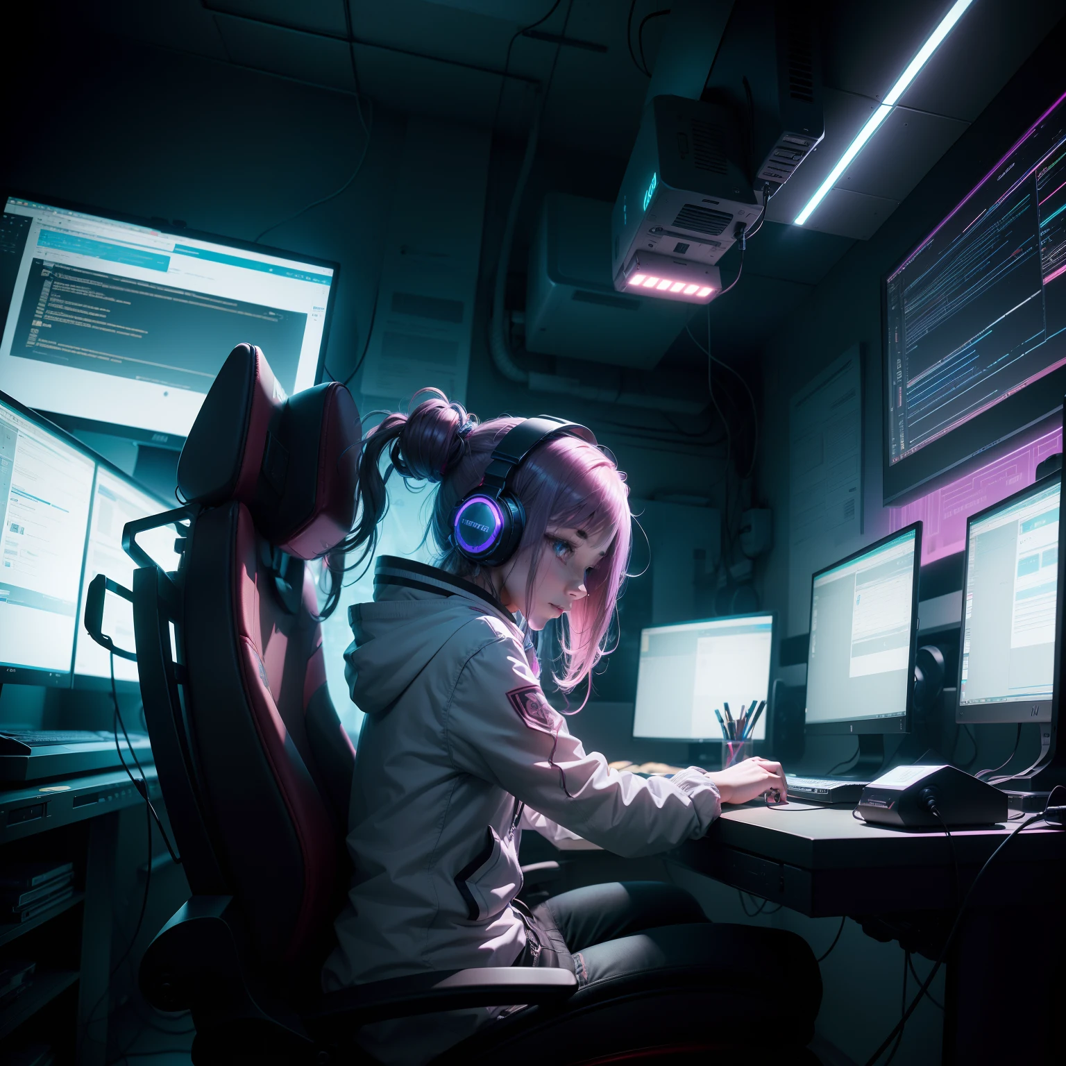 ((masutepiece)), (((Best Quality)))), ((Illustration)), (depth of fields: 1.2),Solo,Dynamic Angle,1 girl,Hacker beautiful 15 year old medium skin colored girl, Indoors, Room, dim room, scientific fiction, neons, neon light, Cyberpunk, Computer Lab, gaming headphone, Computer equipment, Ethical hackers, Server Room Background, Display Light, Monitors, (led monitor, Surrounded by multiple display monitors: 1.5), Gaming Chair, highlights in hair, , Light Cyber Clothing, Energy drinks, cables, Messy room, front, Bottom, Speak into the camera
