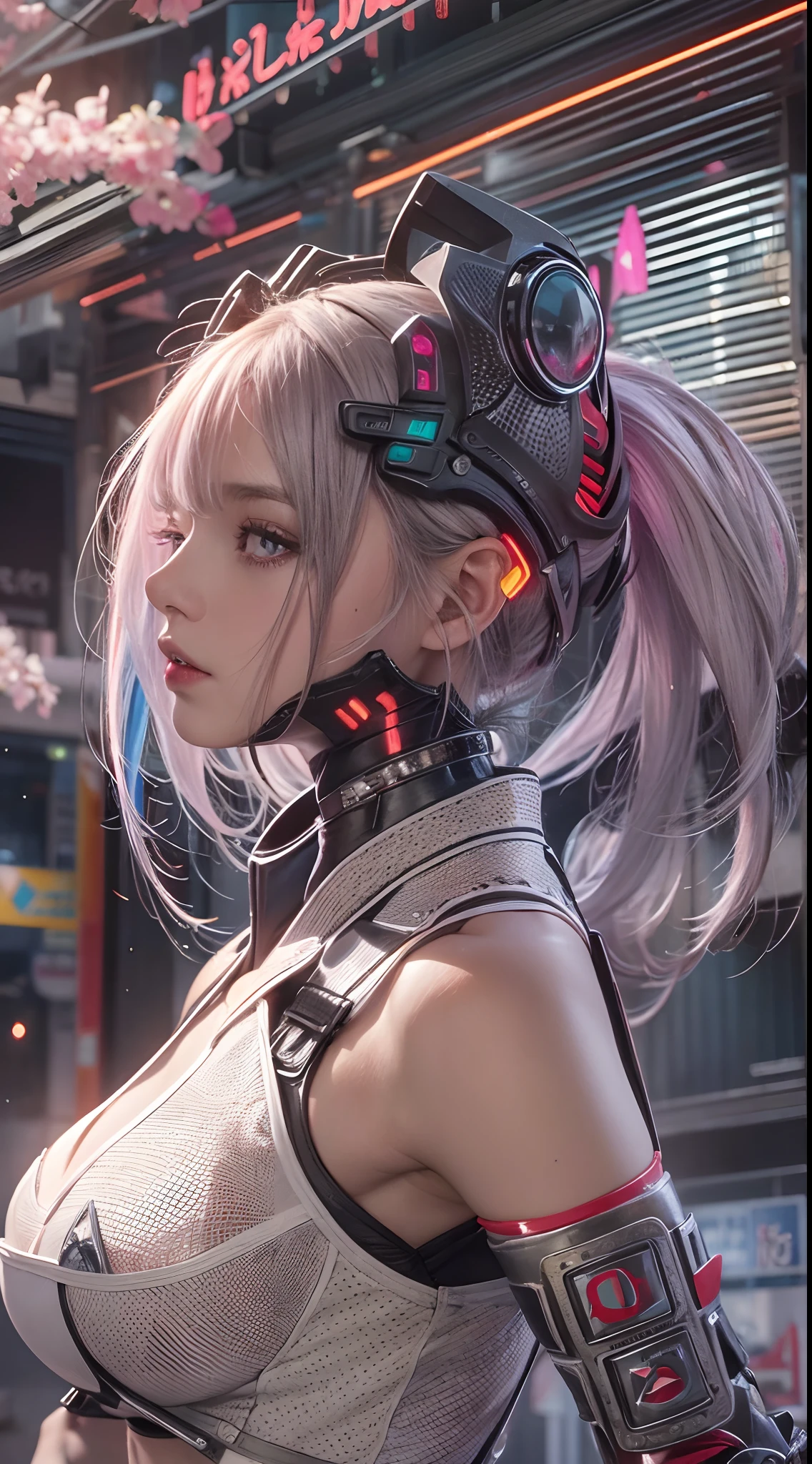 masterpiece, Best Quality, illustration, beautiful detailed eyes, colorful background, mechanical prosthesis, Mechanical Coverage, emerges dark purple with white hair, pig tails, messy hair, fluorescent purple, motion fresco, pink red eyes, beautiful and detailed cyberpunk city, multicolor fur, beautiful detailed glitter, 1 girl, expressionless, cold expression, craziness, long bangs, by the wide, cord, dynamic composition, motion, Ultra-detailed, incredibly detailed, many details, amazing fine details and brush strokes, seeds, hd semi-realistic anime cg concept art digital painting, cyborg style,