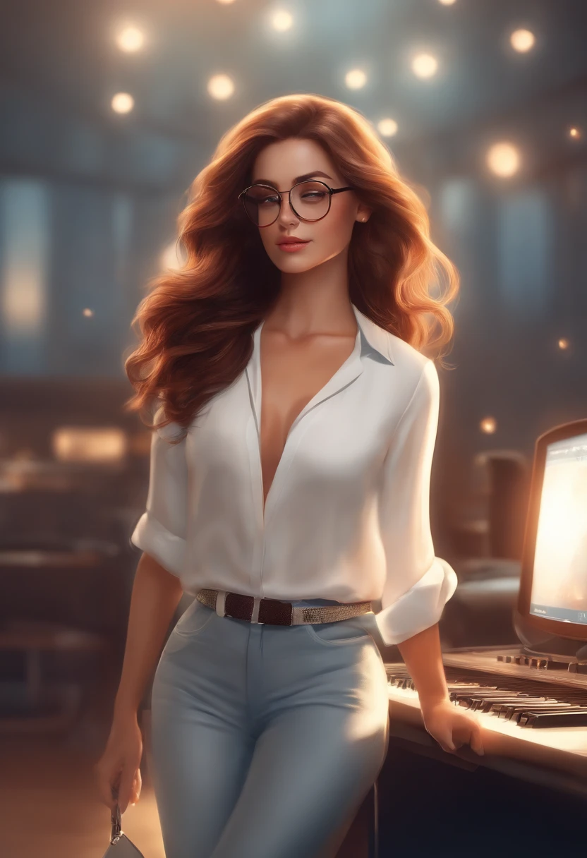 high quality, 8K Ultra HD, 3D effect, cartoon style digital illustration, soft cartoon tones, sunset, beautiful woman walking in the studio, lights, luminosity spreads away from the stage, beautiful face, beautiful eyes, white clouds spread out, in a TV studio on a stage, elegant TV studio, her hair sways gently in the breeze, medium hair, (full body), red leather jacket, white blouse, brown hair, light blue jeans, wearing glasses, beautiful hair, brown hair, black eye, luminosity, three-dimensional effect, enhanced beauty, Albert Anker, Kyoto Animation, Greg Rutkowski, Artgerm, WLOP, Alphonse Beeple, luminosity, 3d rendering, octane rendering, isometric, fantastic color,