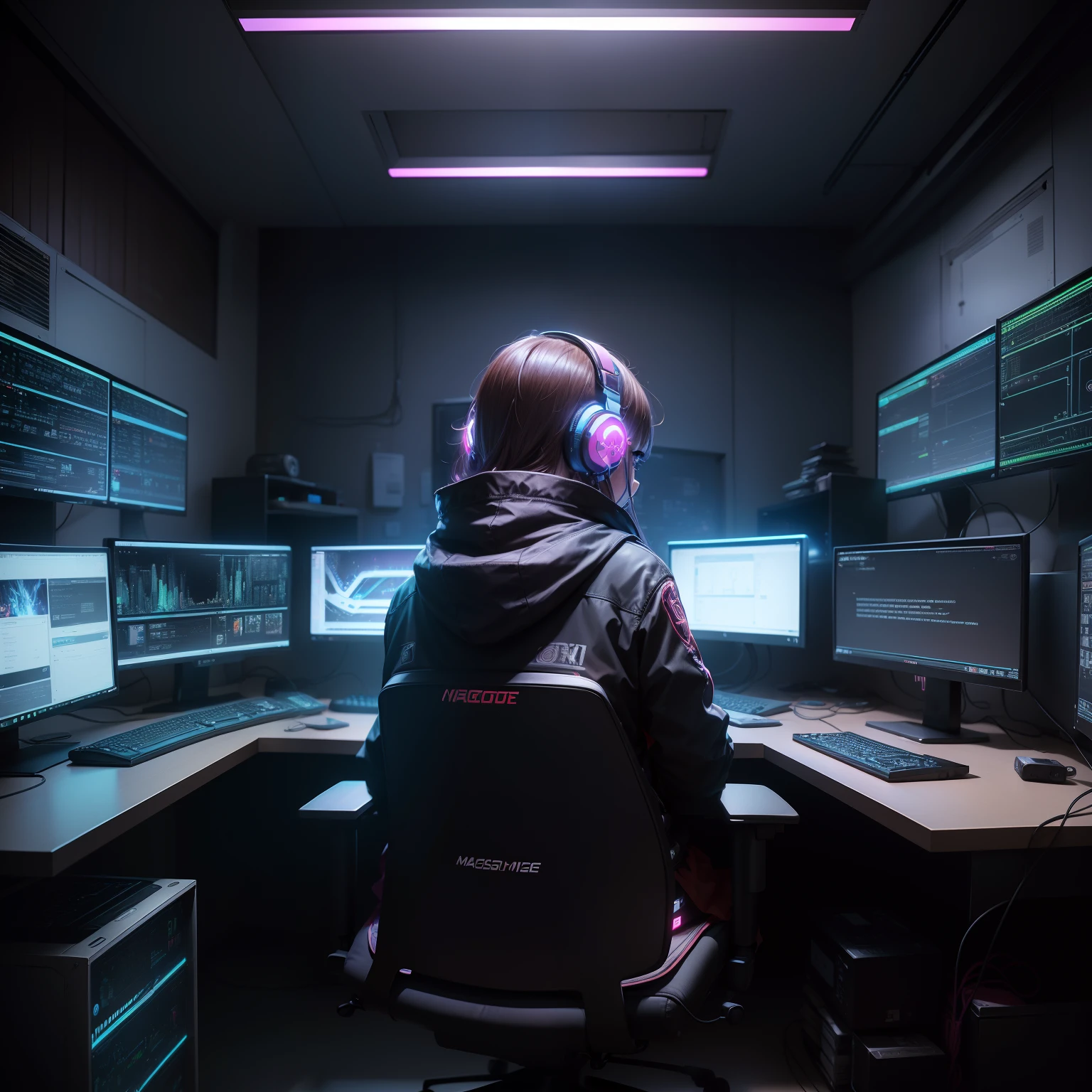 ((masutepiece)), (((Best Quality)))), ((Illustration)), (depth of fields: 1.2),Solo,Dynamic Angle,1 girl,Hacker beautiful medium skin colored girl, Indoors, Room, dim room, scientific fiction, neons, neon light, Cyberpunk, Computer Lab, gaming headphone, Computer equipment, Ethical hackers, Server Room Background, Display Light, Monitors, (led monitor, Surrounded by multiple display monitors: 1.5), Gaming Chair, highlights in hair, , Light Cyber Clothing, Energy drinks, cables, Messy room, front, Bottom, Speak into the camera