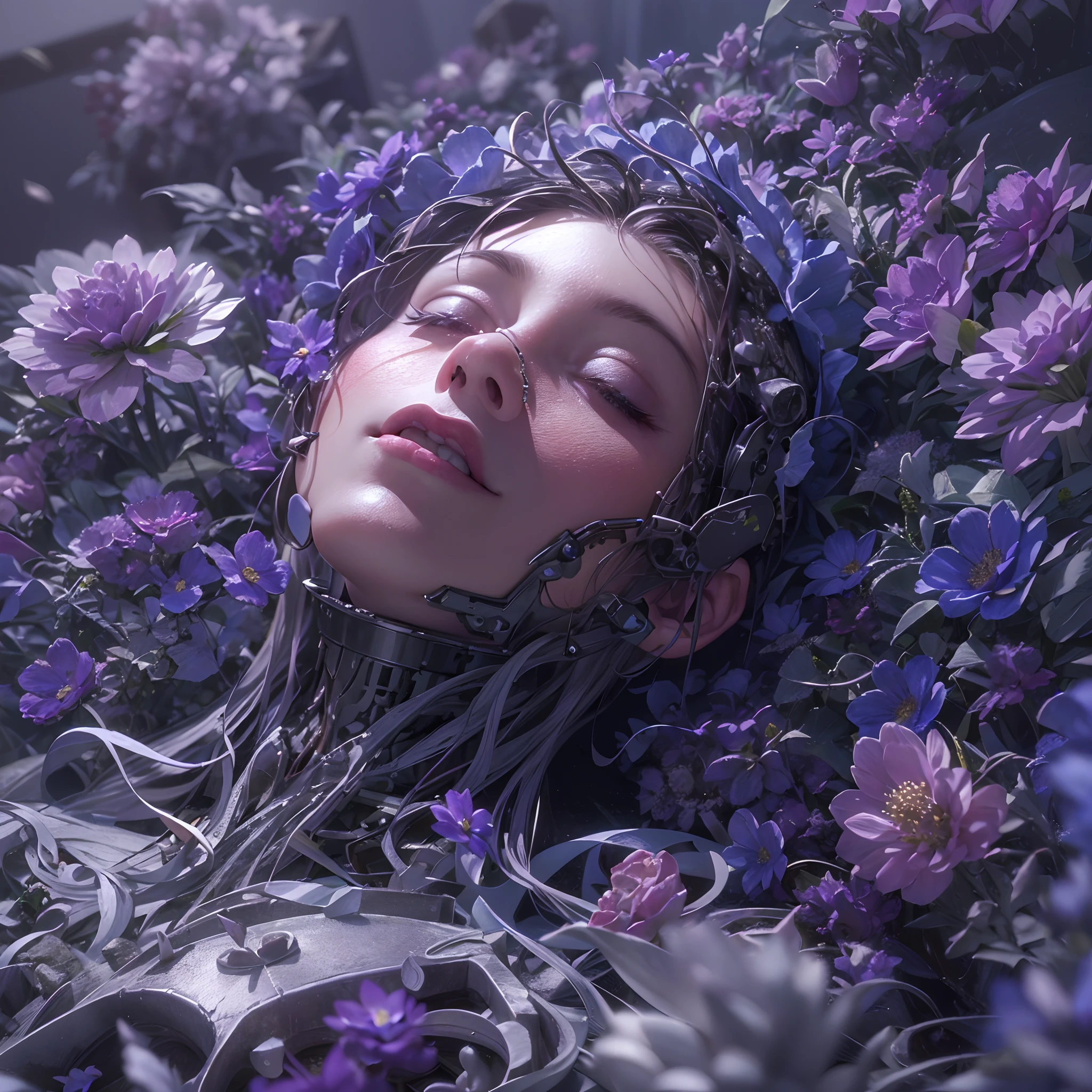 Incredibly spectacular scene, ((high quality)), ((detail)), ((photoreal)), purple plasma brain, purple plasma beauty (upper body only, nipples), torso stuck to the floor. Top quality, 4K, realistic flowers trapped in blisters. Portrait, image quality (3D rendering effect), exquisite details, half of the face is mechanical. android, artificial intelligence