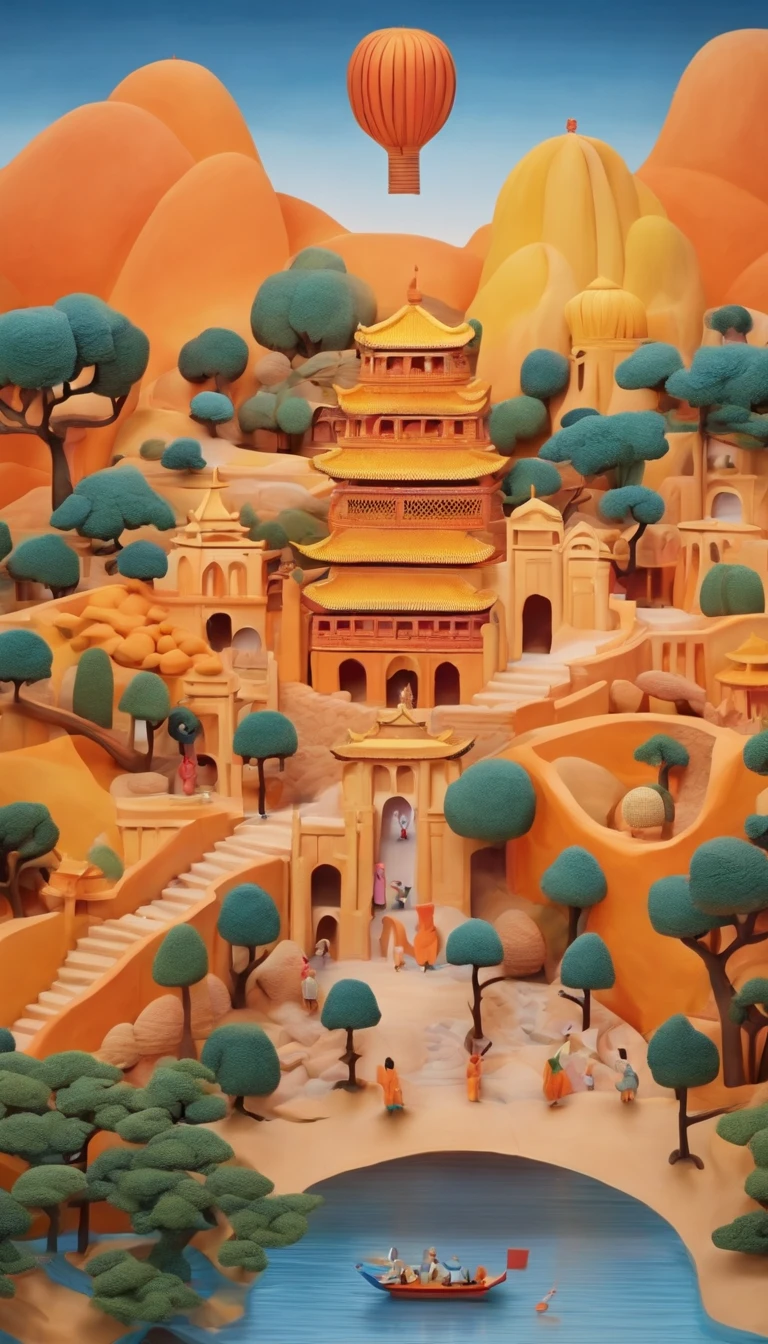 Ancient painting giant pen, Poetic, beijing, Great Wall of China, balloons,closeup cleavage, Gradient, Golden architecture, Orange background, Trees and emperors decorate paradise