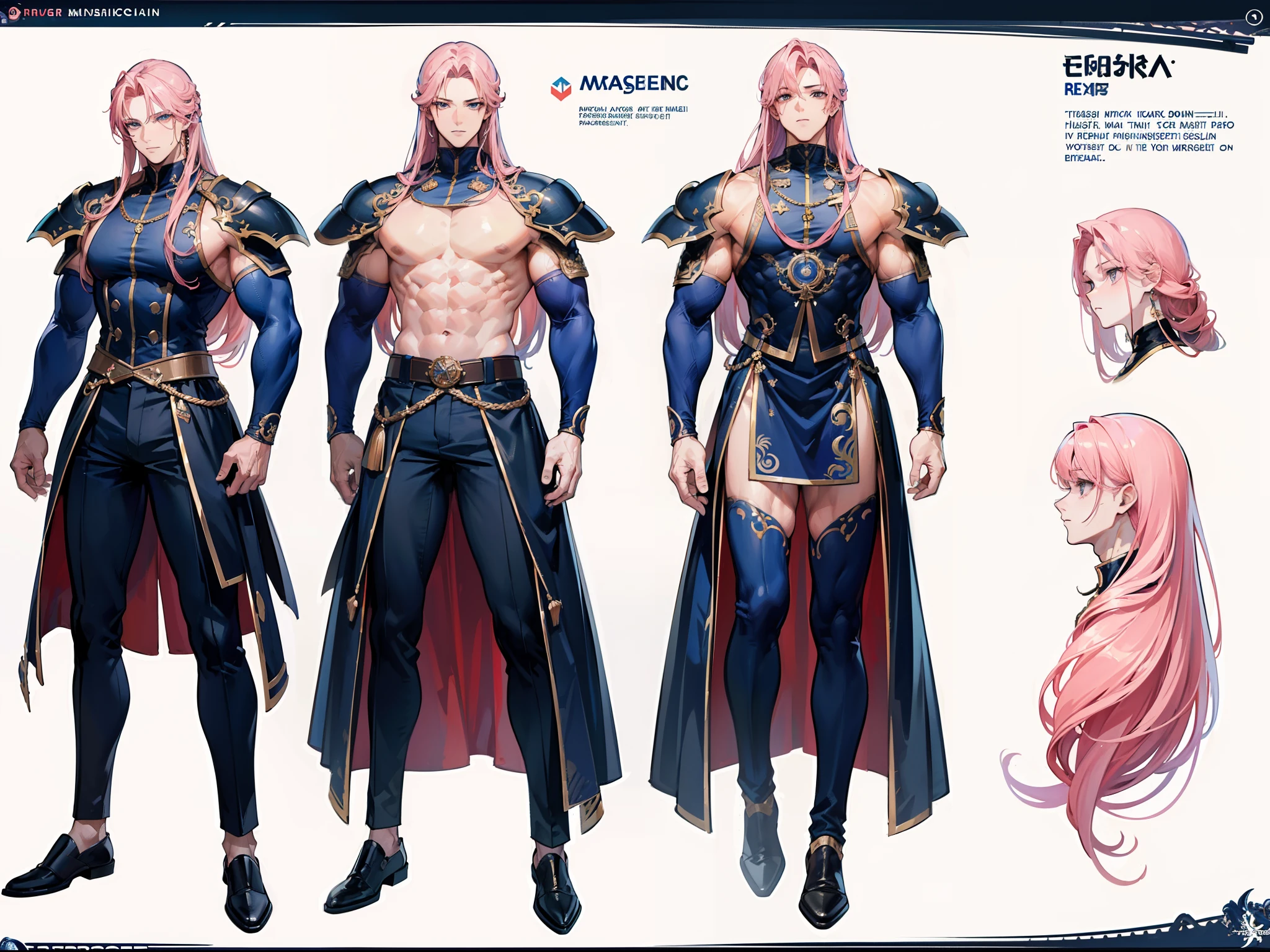 ((Masterpiece, Highest quality)), Detailed face, character design sheet， full bodyesbian, Full of details, frontal body view, back body view, Highly detailed, Depth, Many parts, Muscle boy with long pink hair，handsome man, muscle body, navy, commander, man tall