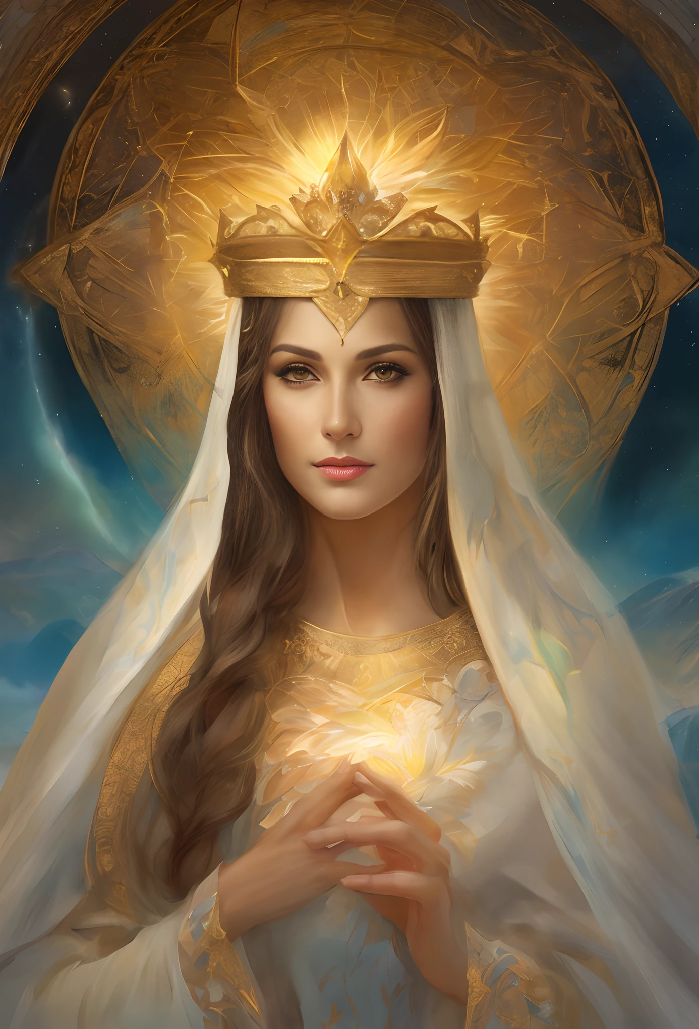 a painting of a woman with a crown on her head, Retrato da Rainha da Luz, Retrato de uma bela deusa, queen of heaven, Um retrato impressionante de uma deusa, majestosa mulher de santo, Deusa da Luz, Retrato da Deusa, deusa. Detalhes extremamente altos, deusa bonita, retrato close-up da deusa, retrato bonito da arte da fantasia, uma bela imperatriz fantasia, arte da deusa