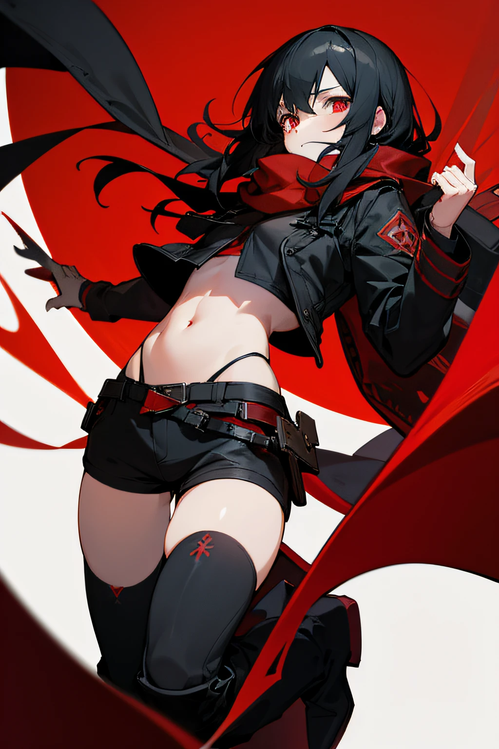 Black hair, Bright red eyes, black greatcoat, Red scarf, A coat with black engraved red runes, Empty eyes, boot, vests, Ultra shorts, bit girl, showing belly, 8K, Super detail