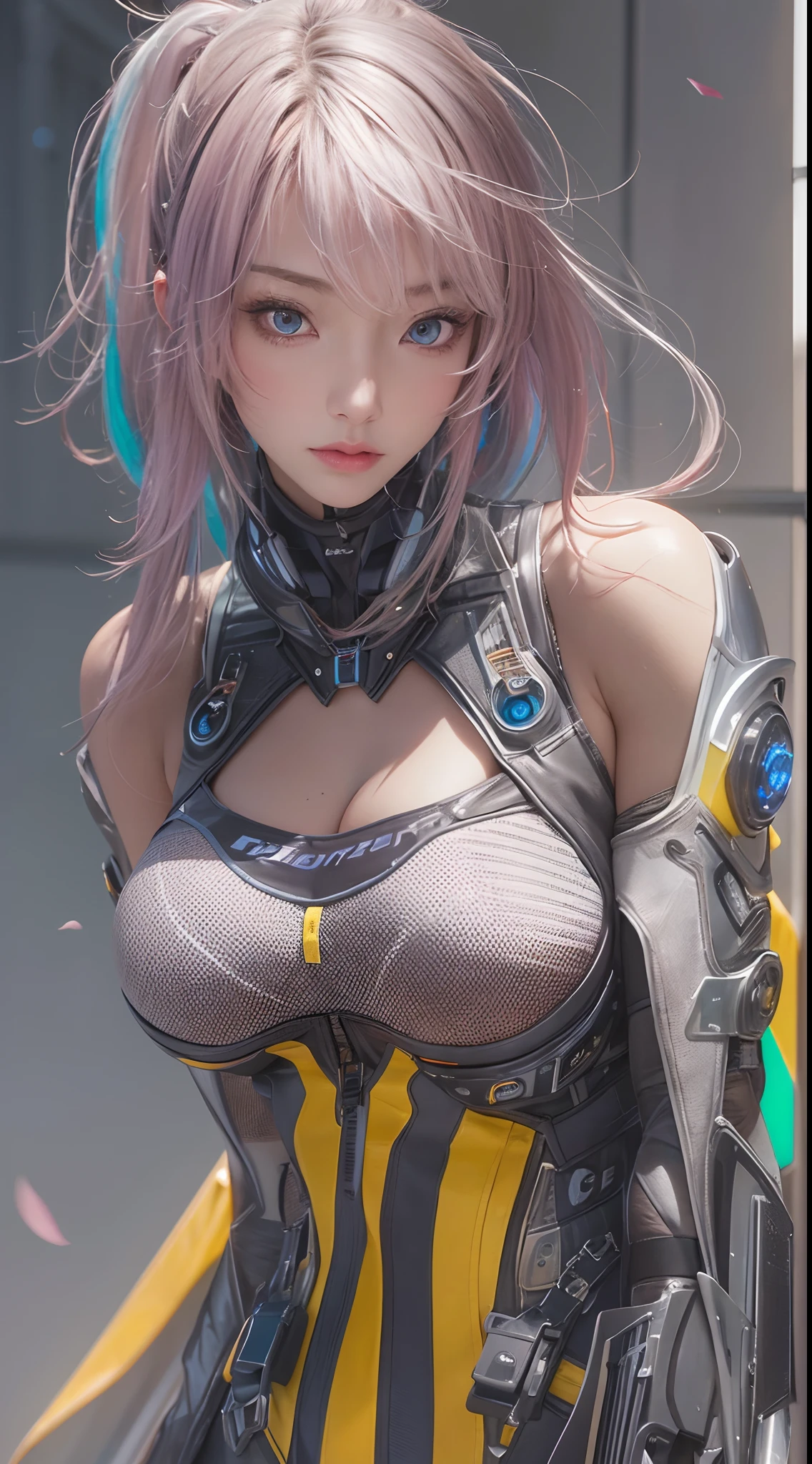 ​masterpiece, 1 beautiful girl, Detailed eye, Swollen eyes, top-quality, 超A high resolution, (reality: 1.4), 电影灯光, very extremely beautiful, Beautiful skins, A slender, Forward-facing body, (A hyper-realistic), (hight resolution), (8K), (ighly detailed), ( Best Illustration), (beautifully detailed eyes), (ultra-detailliert), 详细的脸, Bright lighting, Professional Lighting、the most beautiful and sexy cyberpunk girl, rainbow colored hair, yellow eyes, dark african skin, wearing incredibly detailed futuristic cyberpunk battle armor, huge enormously gigantic tits, cleavage showing, tons of tattoos and piercings, in hyper futuristic city metropolis, cherry blossoms blowing in the wind, cinematic, incredibly perfect masterpiece, high quality, high resolution