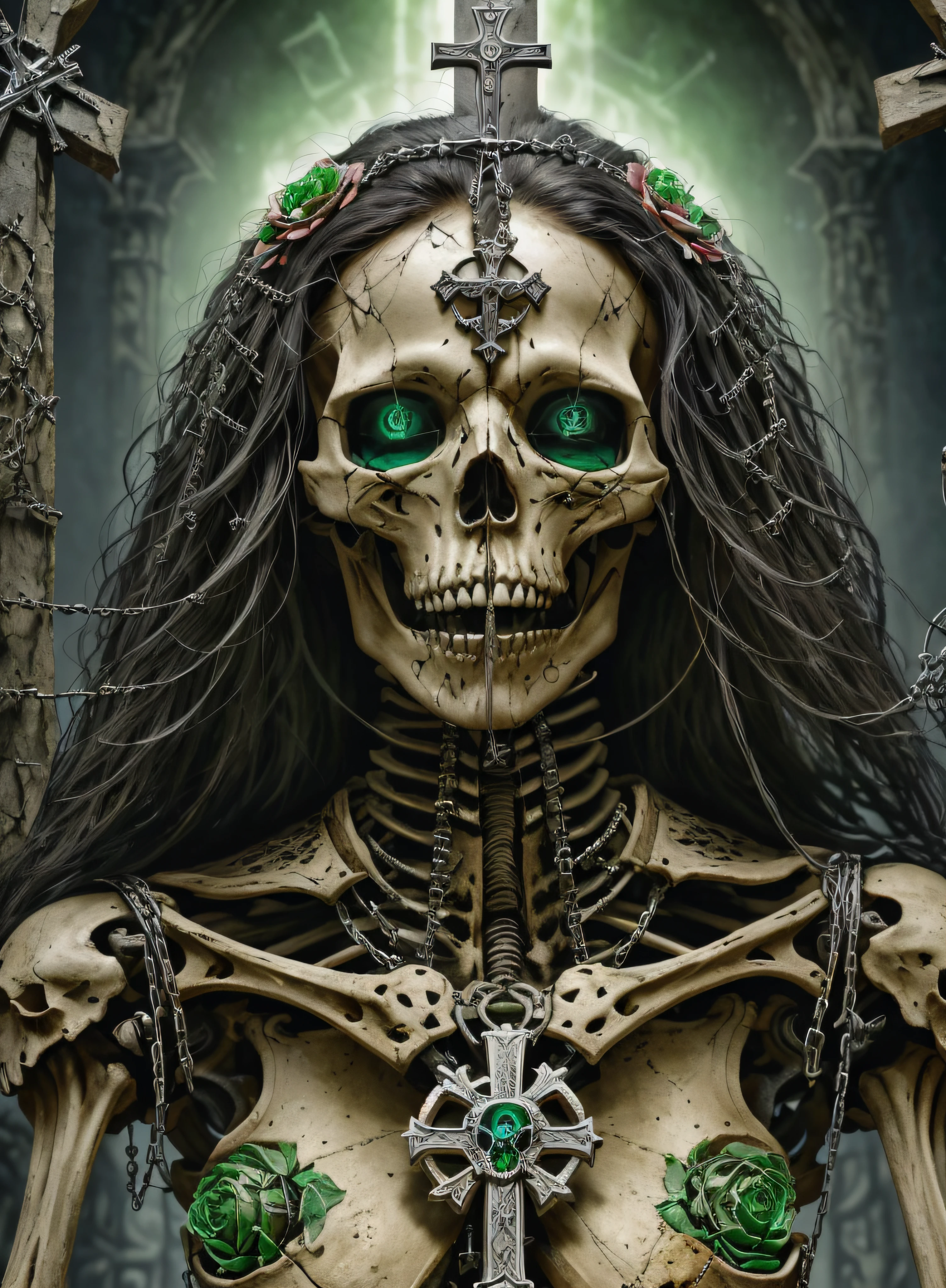 a close up of a skeleton with a cross on its head, close-up portrait goddess skull, portrait of a holy necromancer, portrait of a female necromancer, portrait of the necromancer, holy cyborg necromancer girl, portrait of the old necromancer, portrait of a necromancer, saint skeleton queen