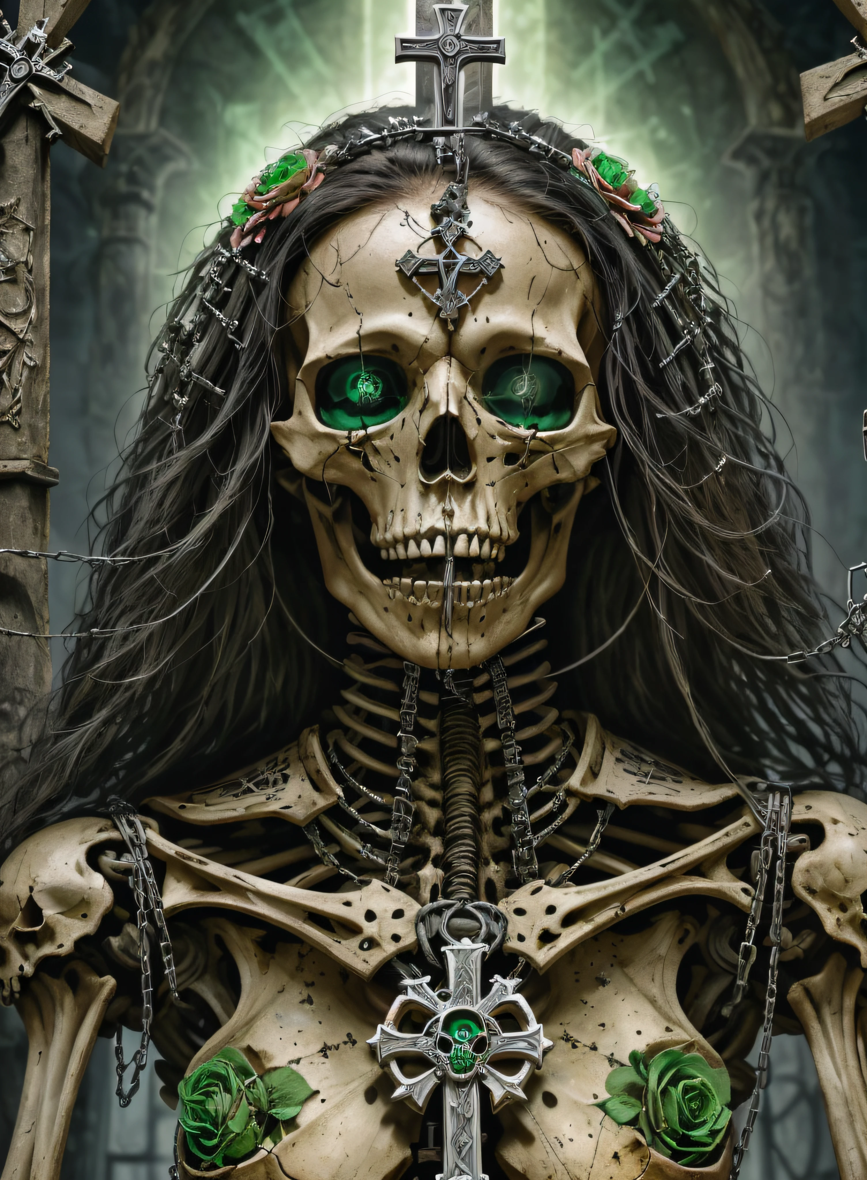 a close up of a skeleton with a cross on its head, close-up portrait goddess skull, portrait of a holy necromancer, portrait of a female necromancer, portrait of the necromancer, holy cyborg necromancer girl, portrait of the old necromancer, portrait of a necromancer, saint skeleton queen