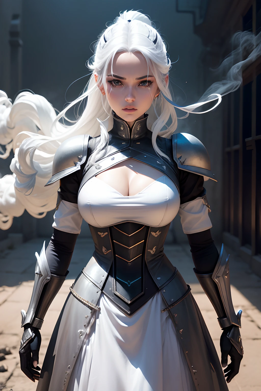 foto realista de uma bela android guerreira robotica, with white hair mixed with smoke with swords , smoky backdrop, luz fosca, lots of smoke, foto sombria, cenario apocaliptico