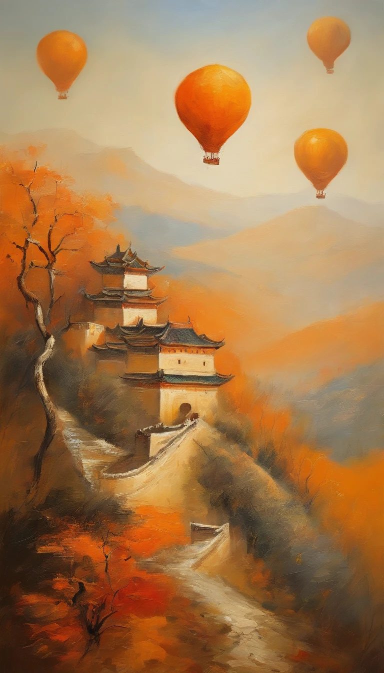 Ancient painting giant pen, Poetic, beijing, Great Wall of China, balloons，closeup cleavage, Gradient, Golden architecture, Orange background, Trees and emperors decorate paradise