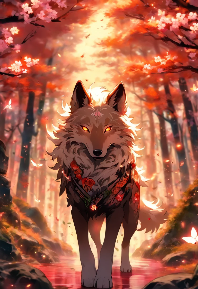 An enchanted wolf spirit, white hair, bright glowing eyes, tons of tattoos and piercings, in the most beautiful enchanted forest, graffiti and kanji elements in the background, cherry blossoms blowing in the wind, highly detailed background, incredibly perfect masterpiece, high quality, high resolution