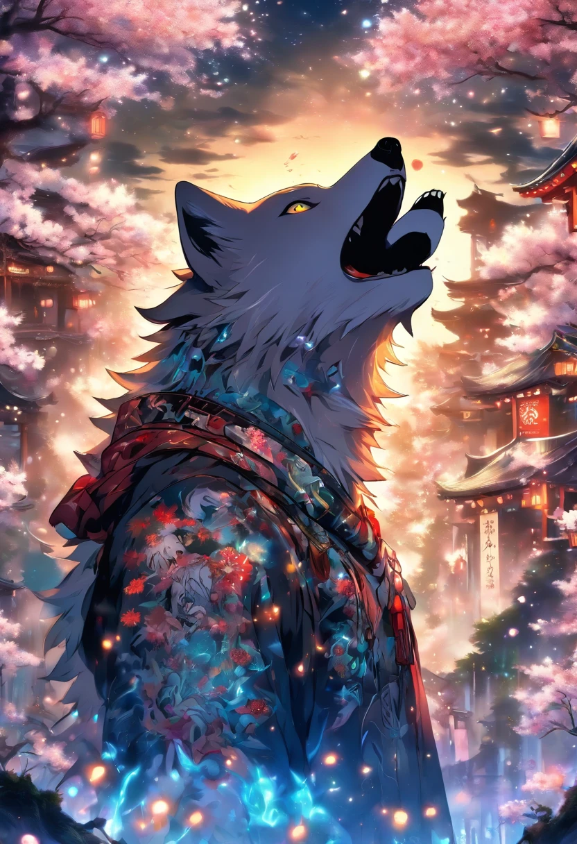 An enchanted wolf spirit, white hair, bright glowing eyes, tons of tattoos and piercings, in the most beautiful enchanted forest, graffiti and kanji elements in the background, cherry blossoms blowing in the wind, highly detailed background, incredibly perfect masterpiece, high quality, high resolution