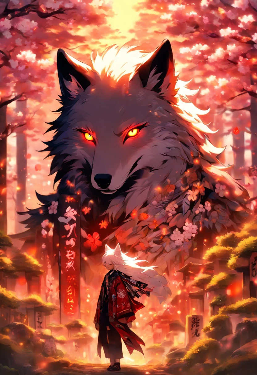 An enchanted wolf spirit, white hair, bright glowing eyes, tons of tattoos and piercings, in the most beautiful enchanted forest, graffiti and kanji elements in the background, cherry blossoms blowing in the wind, highly detailed background, incredibly perfect masterpiece, high quality, high resolution