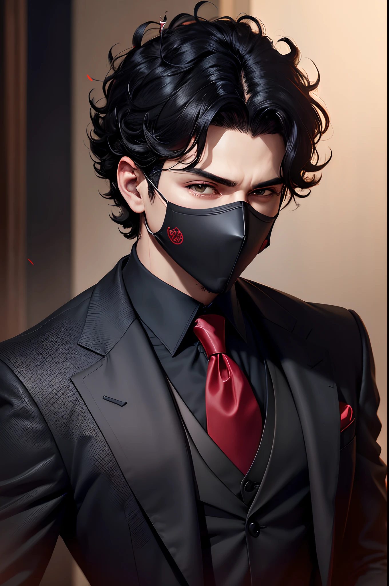 male character in a black suit, red tie, black mask covering his entire face, short black curly hair, dark