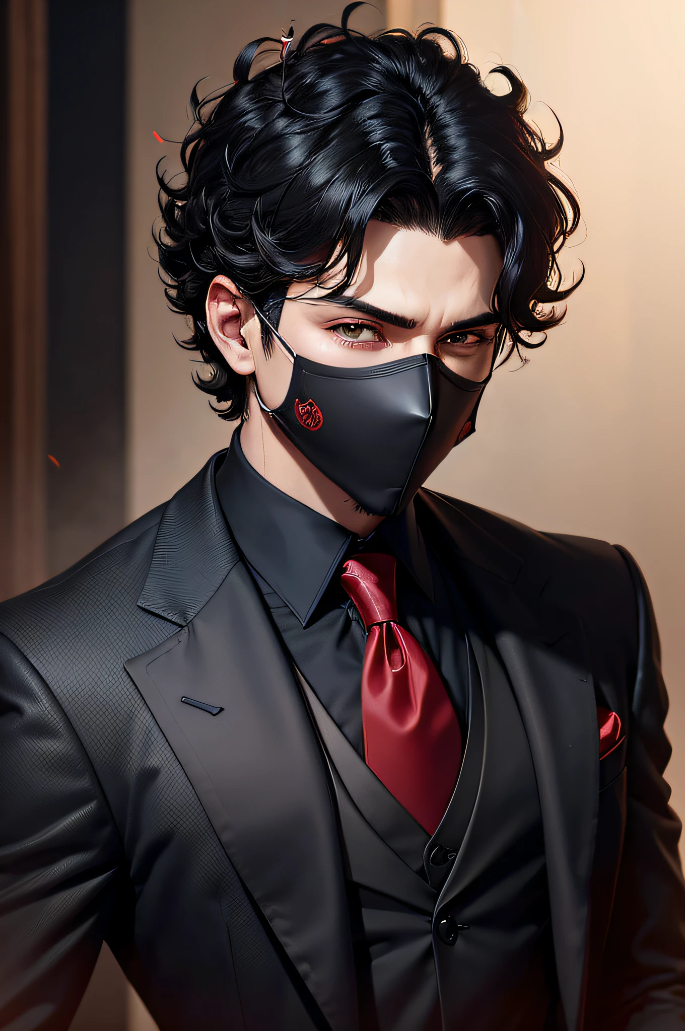male character in a black suit, red tie, black mask covering his entire face, short black curly hair, dark