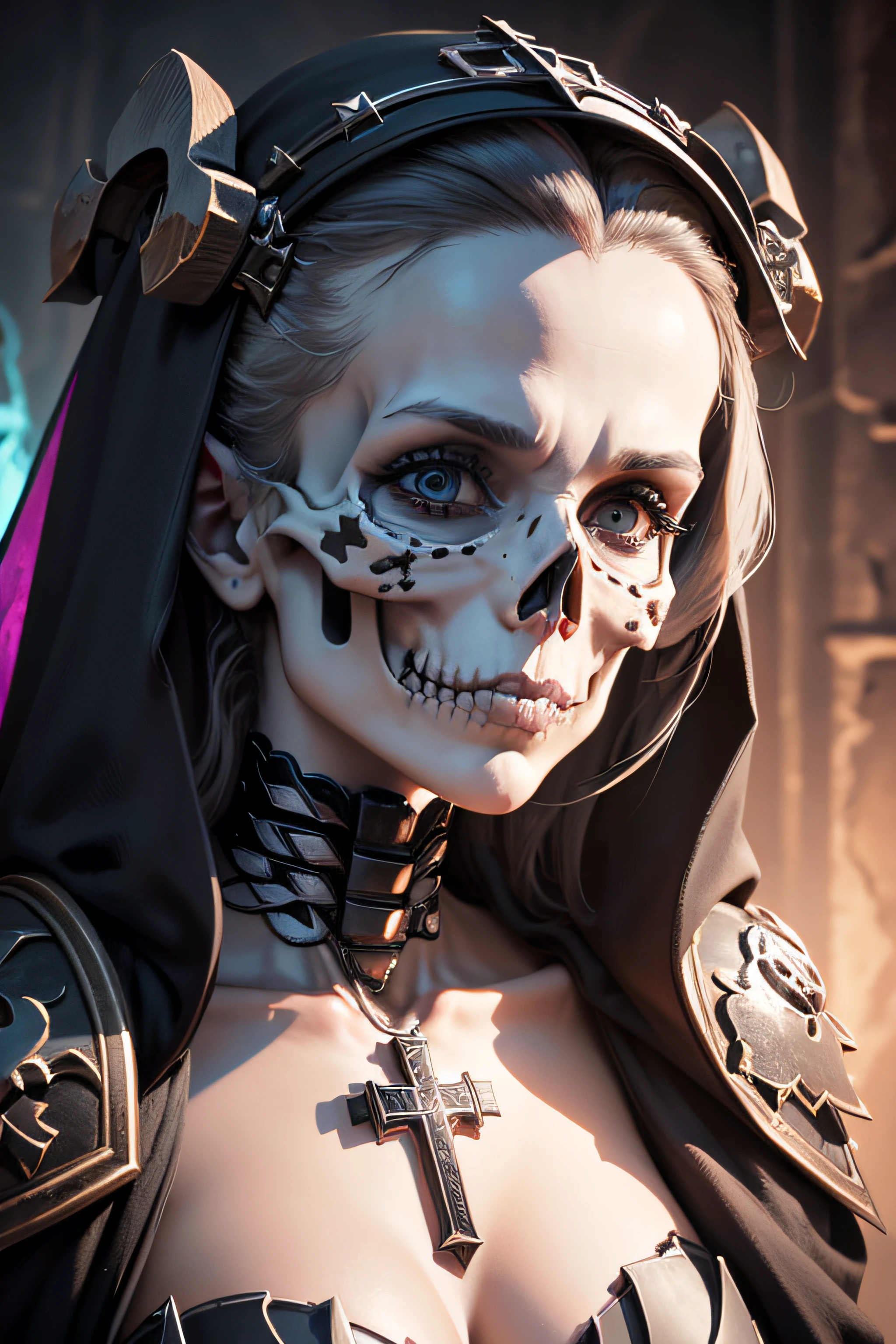a close up of a skeleton with a cross on its head, close-up portrait goddess skull, portrait of a holy necromancer, portrait of a female necromancer, portrait of the necromancer, holy cyborg necromancer girl, portrait of the old necromancer, portrait of a necromancer, saint skeleton queen
