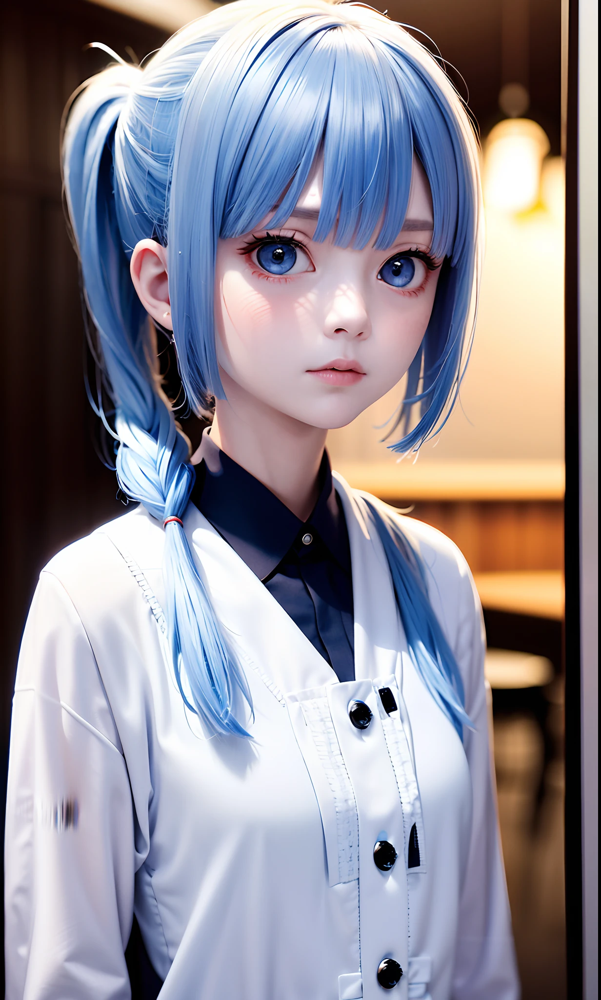 Excellent, masterpiece, blue-hair, red-eyes, white clothes, looking up, upper body, hair, fair skin, double ponytail, depth of field, Focus, bokeh, potrait,