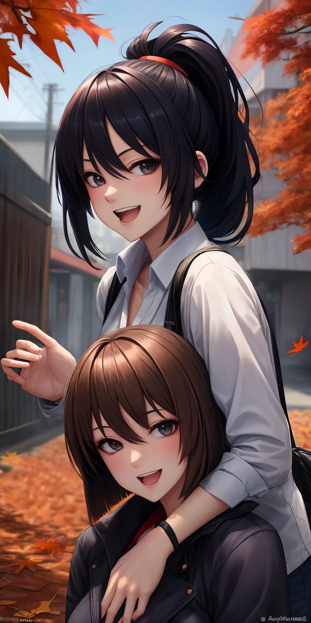 masutepiece, Best Quality, pixiv,
Fenglin Yuxiu, Brown hair, Ponytail, Long hair, 2girls, Multiple girls, Brown eyes, Blue eyes, White hair, fronds, Open mouth, Looking at Viewer, Twitter username, Autumn leaves, Smile, side locks