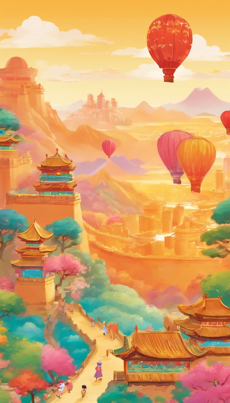 Ancient painting giant pen, Poetic, beijing, Great Wall of China, balloons，closeup cleavage, Gradient, Golden architecture, Orange background, Trees and emperors decorate paradise