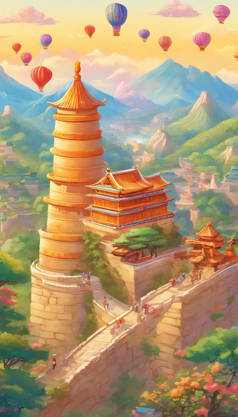 Ancient painting giant pen, Poetic, beijing, Great Wall of China, balloons,closeup cleavage, Gradient, Golden architecture, Orange background, Trees and emperors decorate paradise