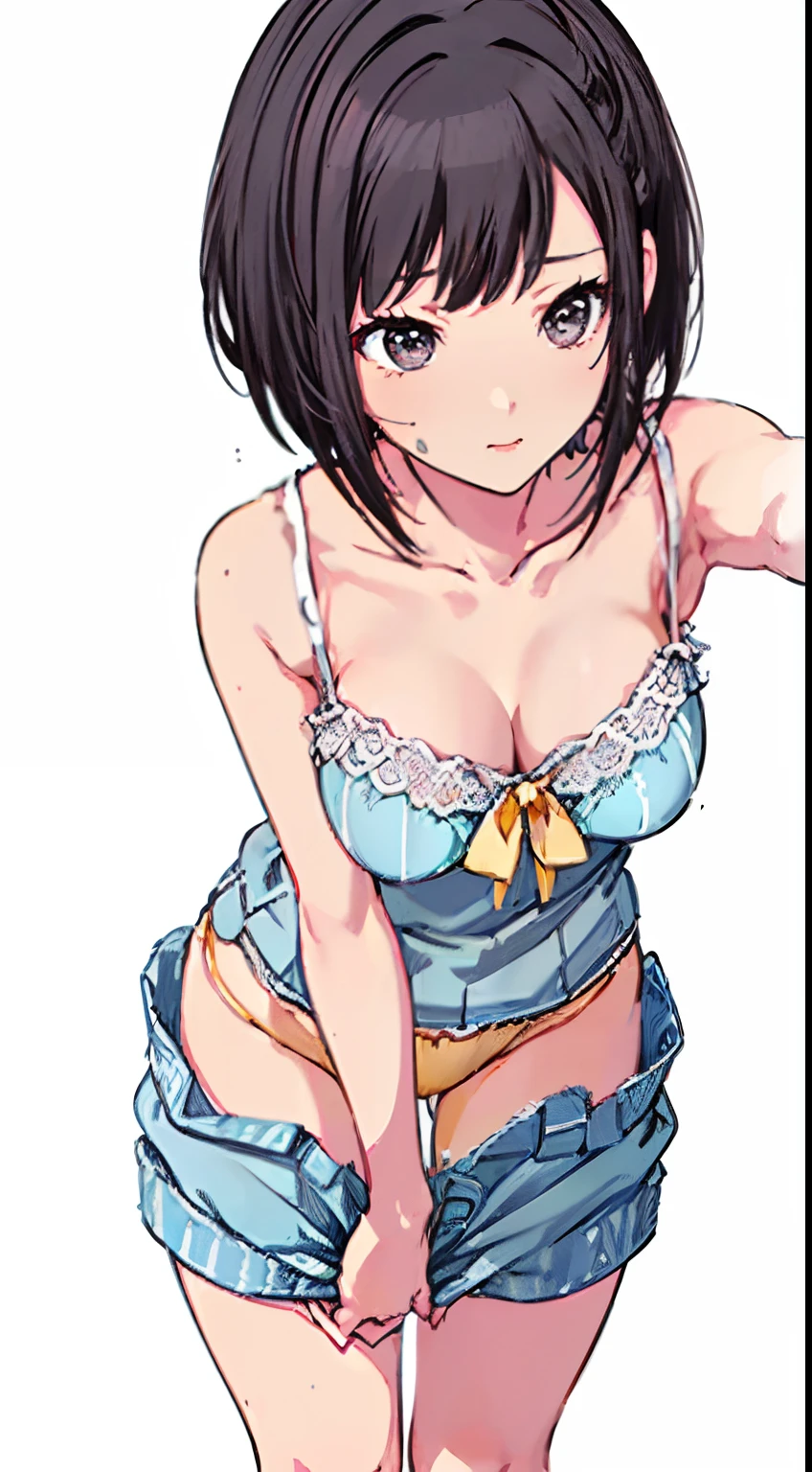 (Light blue camisole Pull up the skirt to show light yellow panties The bra is visible Gravure Pose Very detailed down to the smallest detail clear outlines Beautiful face Beautiful skin) thin-waist A slender ribbed skinny limbs teats cleavage of the breast Beautiful breasts a short bob Uterine mouth Beautiful fingertips Anime style