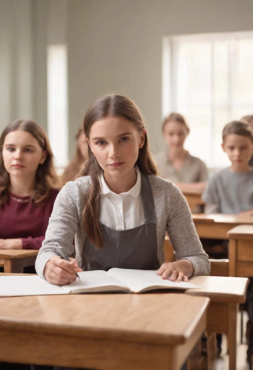 Imagem ultrarrealista de sala de aula, with a teacher's child and more than 10 adults sitting at the desks.