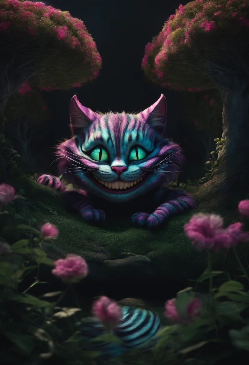 Cheshire cat from Alice in Wonderland smiling, flutuando em um fundo preto, corpo inteiro (criado com IA generativa