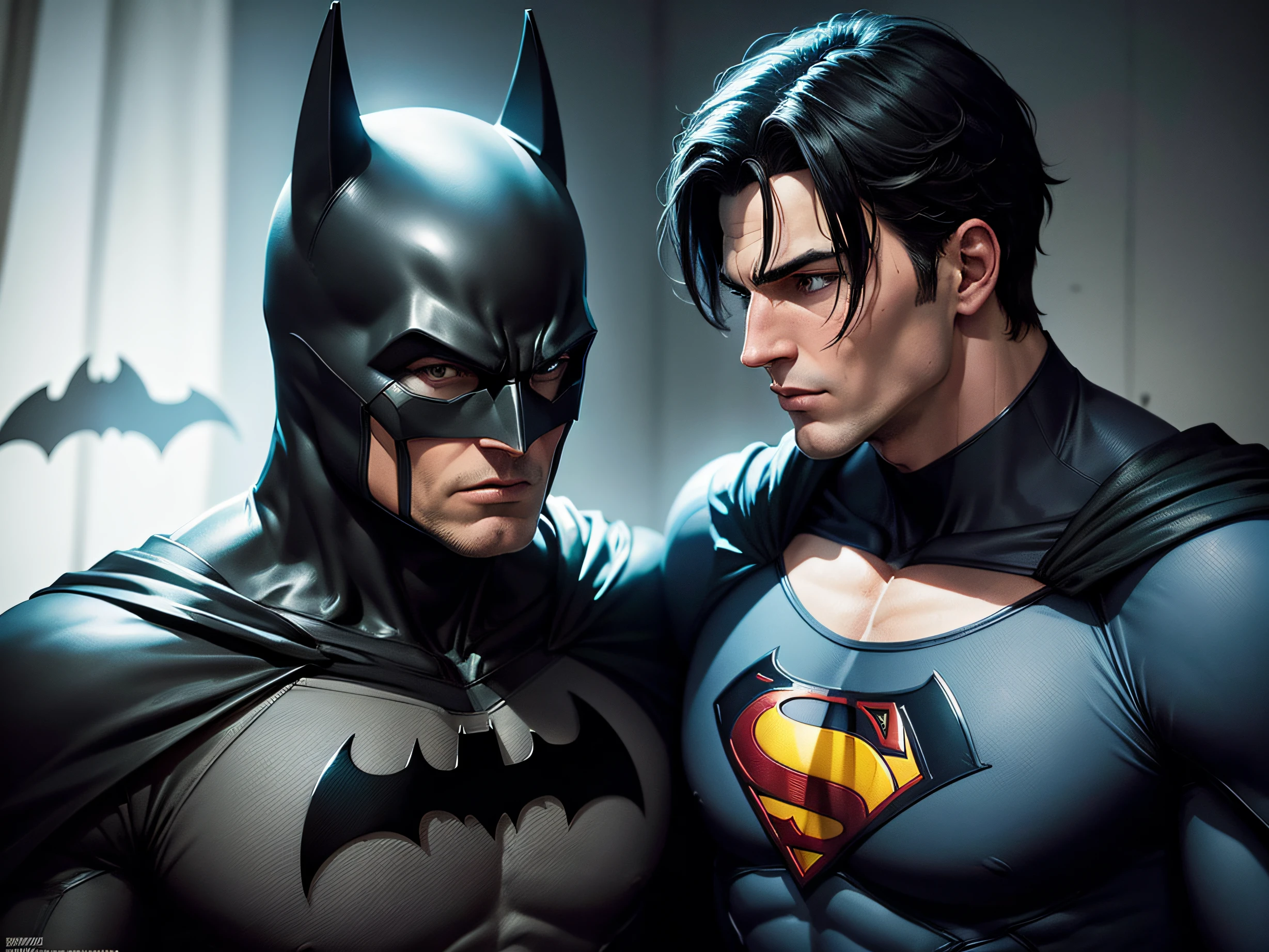 Make a picture of two iconic DC characters, Batman wearing his black costume with the bat symbol on his chest and Superman wearing his blue costume with the S for hope on his chest.I want the two characters talking in a dark environment with a Gotham City background.