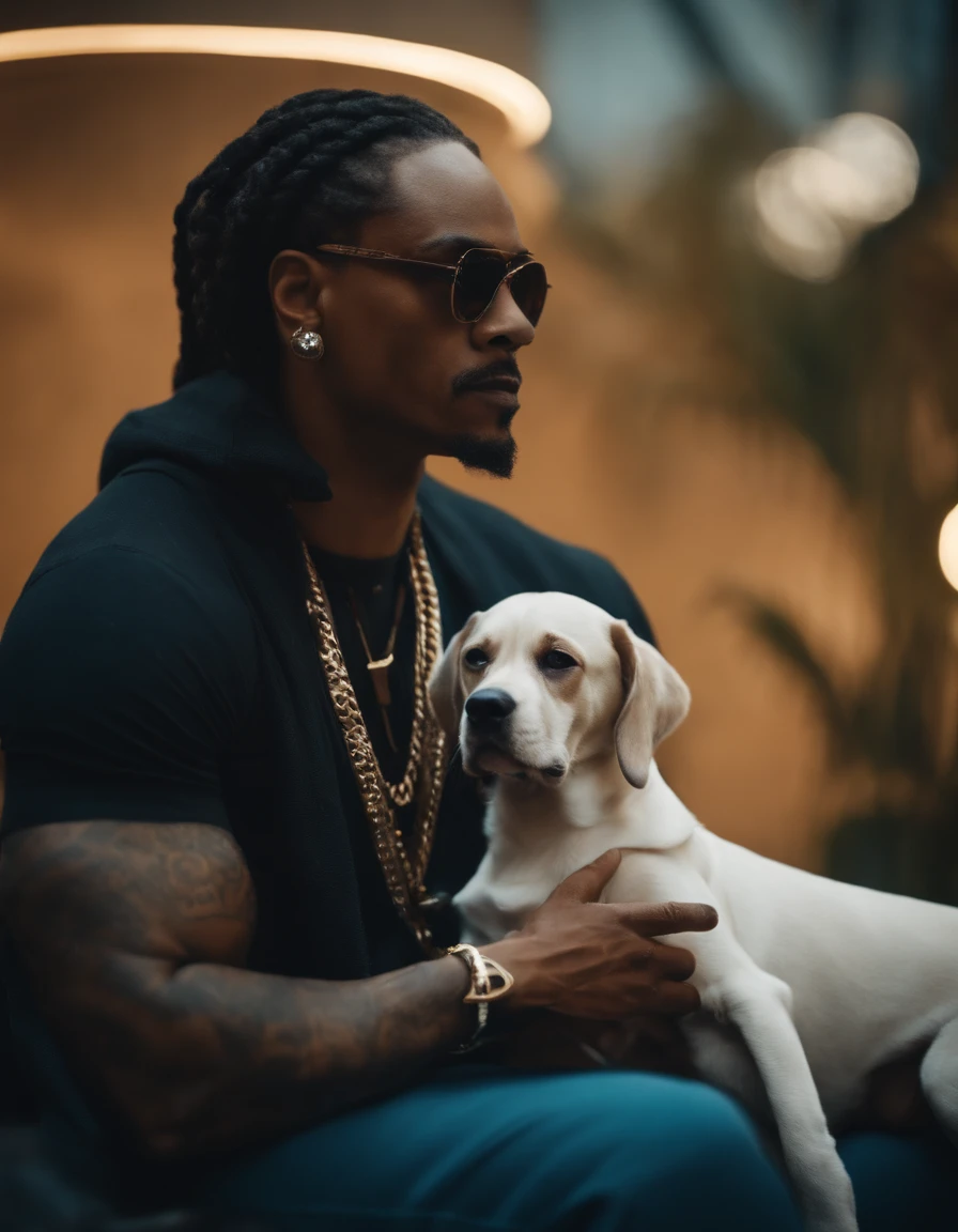 Snopp dogg com cara de cachorro ciborg em um mundo futurista