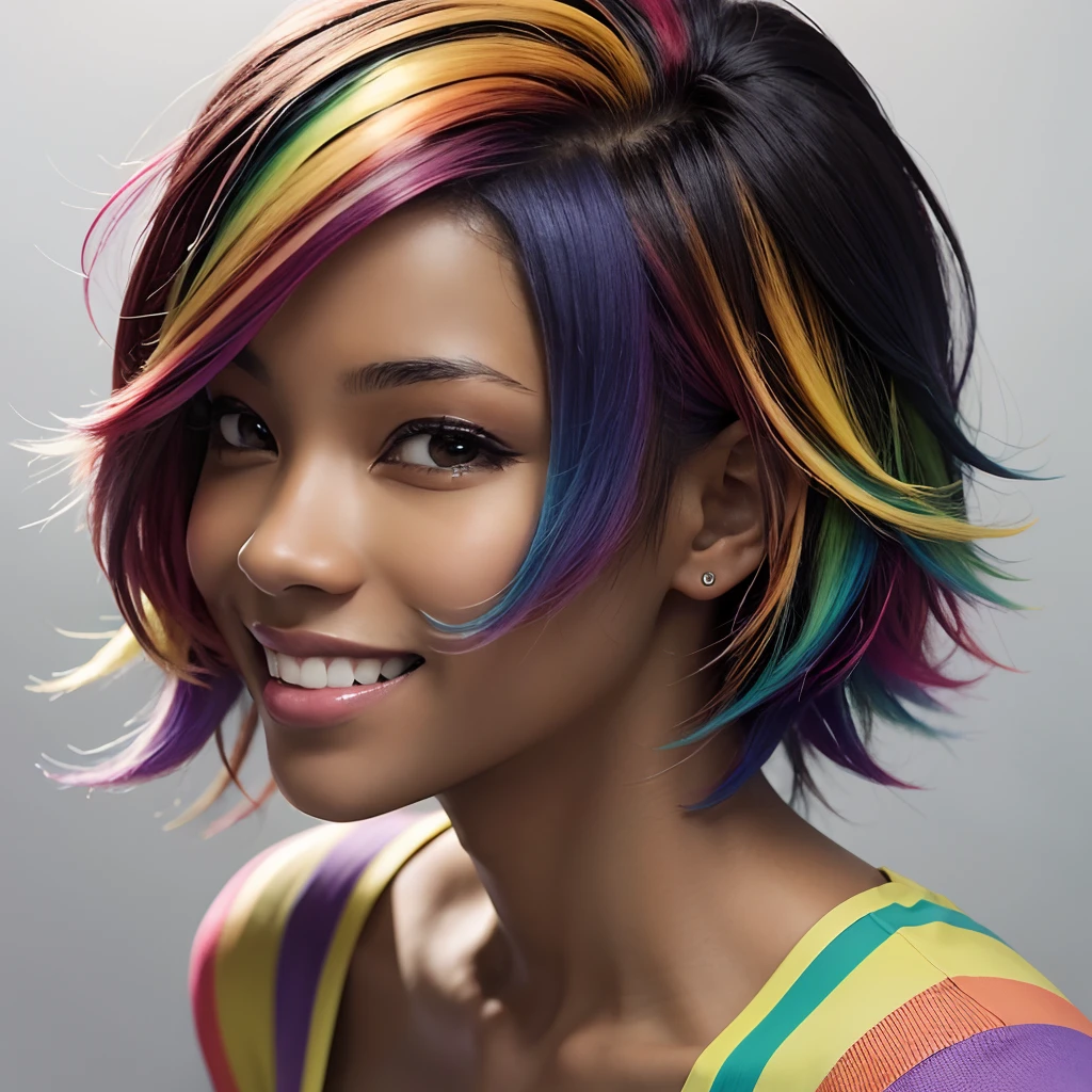 rainbow highlights, woman, front facing, facing forward, lookong at viewer, bright colors, vivid colors, bright hair, vivid hair, blushing, shy smile, fun medium  messy  haircut, rainbow hair, dark skin