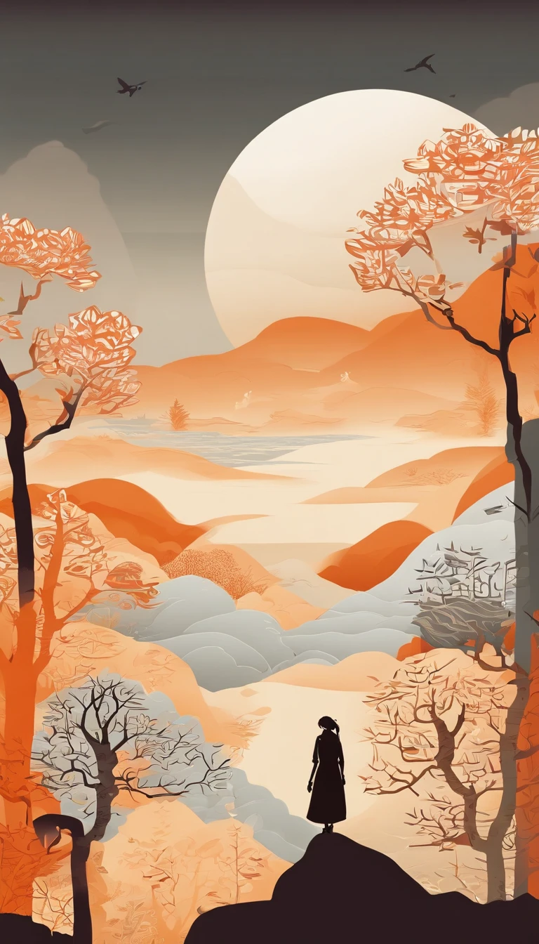 Ancient painting giant pen, Poetic, beijing, Great Wall of China, balloons,closeup cleavage, Gradient, Golden architecture, Orange background, Trees and emperors decorate paradise