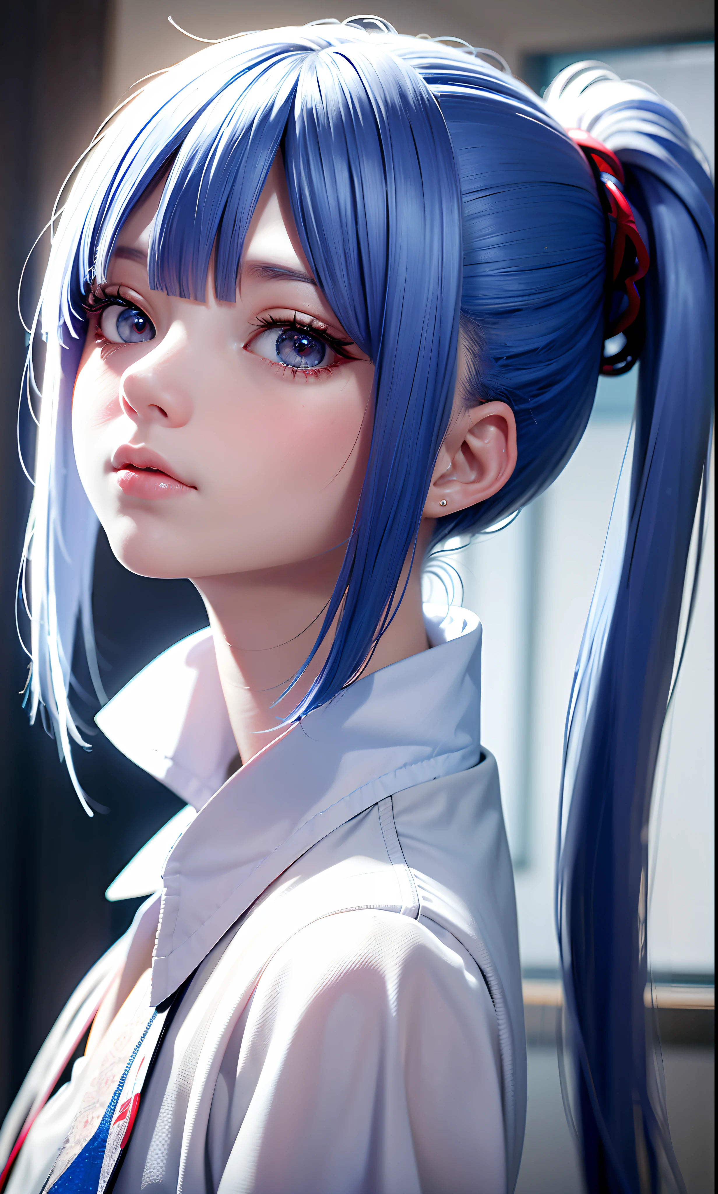 Excellent, masterpiece, blue-hair, red-eyes, white clothes, looking up, upper body, hair, fair skin, double ponytail, depth of field, detailed face, Focus, bokeh, potrait,