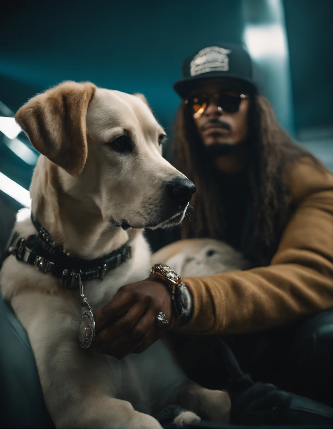 Snopp dogg com cara de cachorro ciborg em um mundo futurista