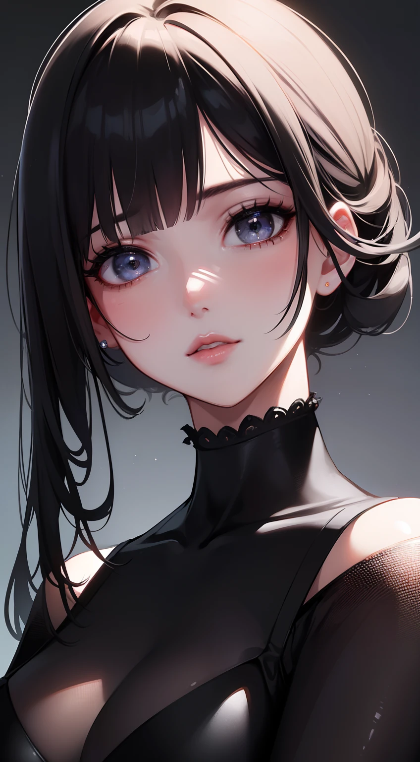 8K, Raw photo, Photorealistic: 1.25), (Lip gloss, Eyelashes, Glossy face, Glossy skin, Best Quality, Ultra High Resolution, depth of fields, chromatic abberation, Caustics, Moisturized lips, Ultra Cropped Face, Shining Detail Eyes, Black hair, Semi-long, Fashionable, Tight knitted dresses, Sheer、A detailed face、A detailed eye、Cinematic art、